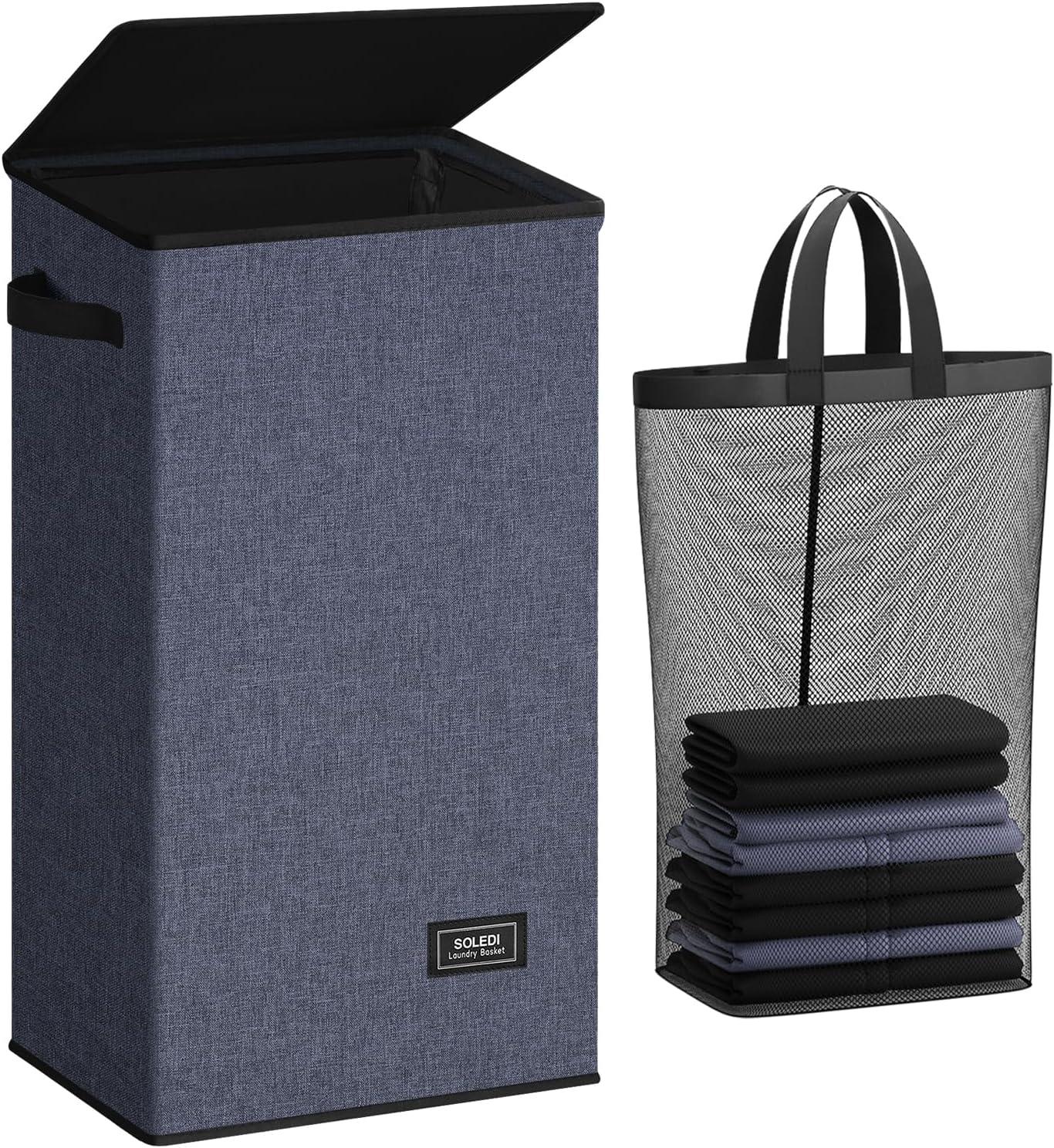 imageSOLEDI Laundry Hamper with Lid 100L Large amp Tall Collapsible Laundry Basket Clothes Hamper with Bag Removable Easy to Carry Dirty Hampers for Bedroom Bathroom Dorm College GreyNavy Blue