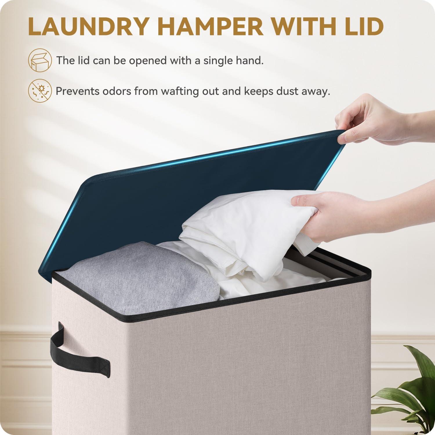imageSOLEDI Laundry Hamper with Lid 100L Large amp Tall Collapsible Laundry Basket Clothes Hamper with Bag Removable Easy to Carry Dirty Hampers for Bedroom Bathroom Dorm College GreyLight taupe