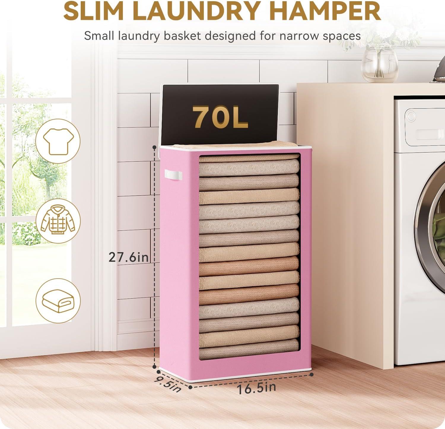 imageSOLEDI Laundry Hamper with Lid 100L Large amp Tall Collapsible Laundry Basket Clothes Hamper with Bag Removable Easy to Carry Dirty Hampers for Bedroom Bathroom Dorm College GreyPink