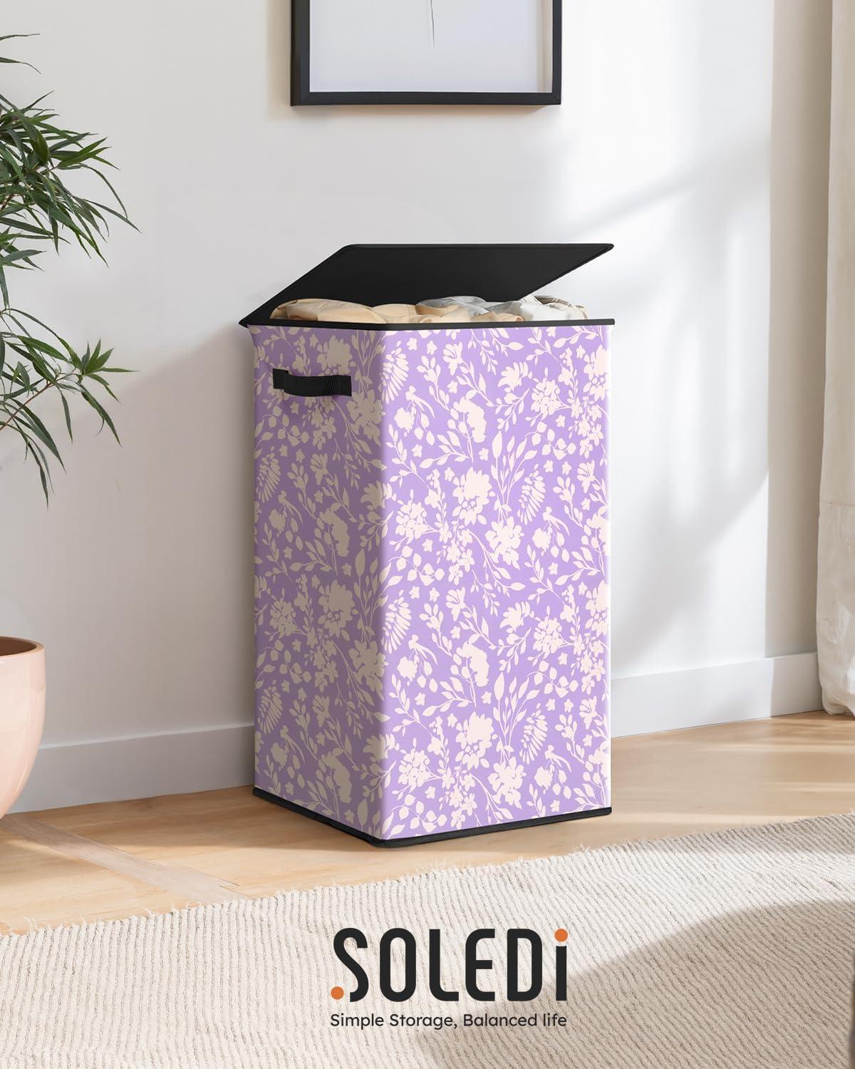 imageSOLEDI Laundry Hamper with Lid 100L Large amp Tall Collapsible Laundry Basket Clothes Hamper with Bag Removable Easy to Carry Dirty Hampers for Bedroom Bathroom Dorm College GreyPurple and flower