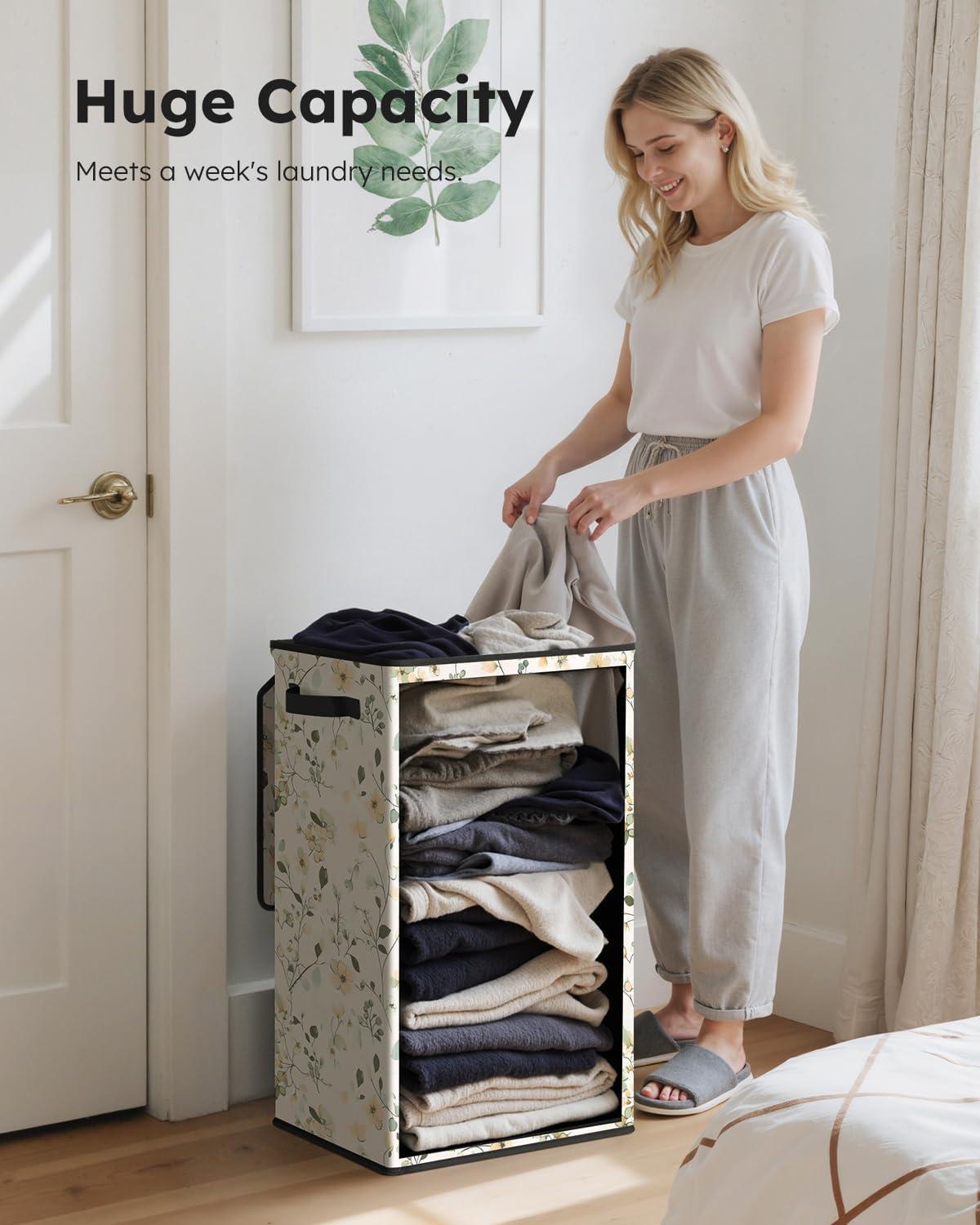 imageSOLEDI Laundry Hamper with Lid 100L Large amp Tall Collapsible Laundry Basket Clothes Hamper with Bag Removable Easy to Carry Dirty Hampers for Bedroom Bathroom Dorm College GreyBeige and flower
