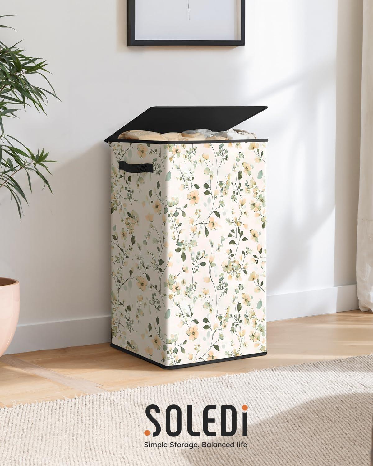 imageSOLEDI Laundry Hamper with Lid 100L Large amp Tall Collapsible Laundry Basket Clothes Hamper with Bag Removable Easy to Carry Dirty Hampers for Bedroom Bathroom Dorm College GreyBeige and flower