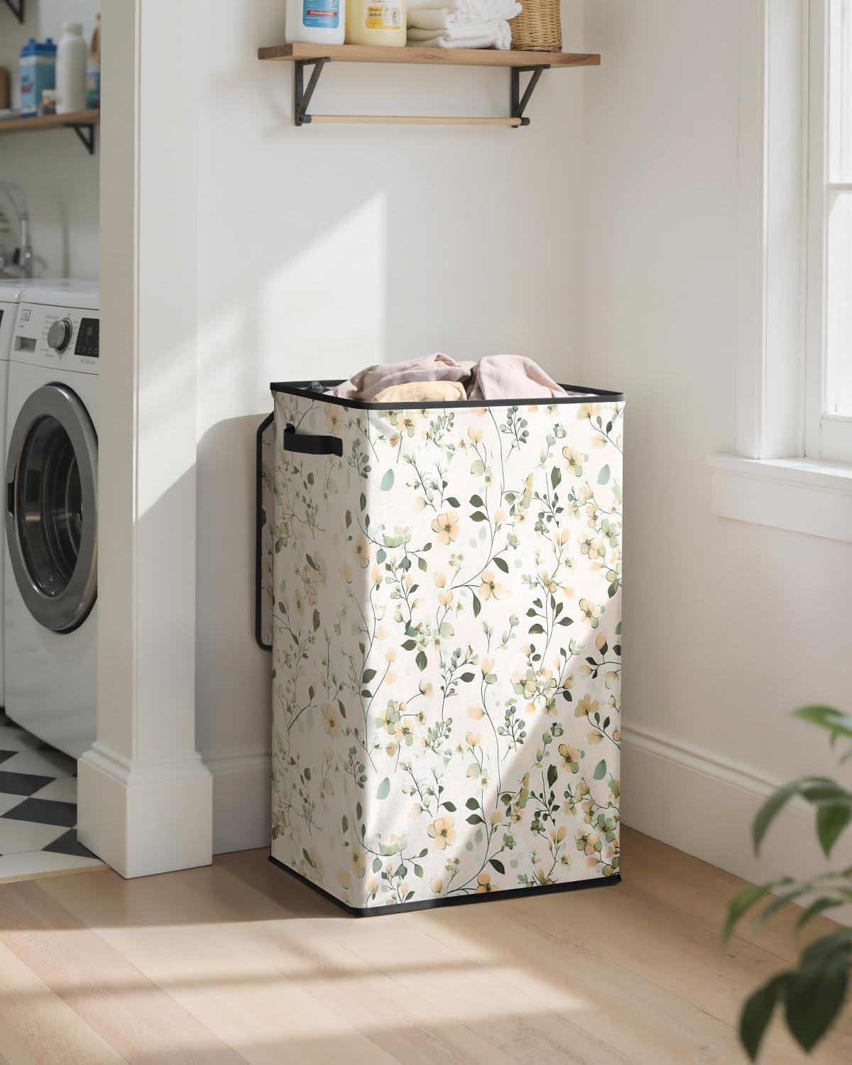 imageSOLEDI Laundry Hamper with Lid 100L Large amp Tall Collapsible Laundry Basket Clothes Hamper with Bag Removable Easy to Carry Dirty Hampers for Bedroom Bathroom Dorm College GreyBeige and flower