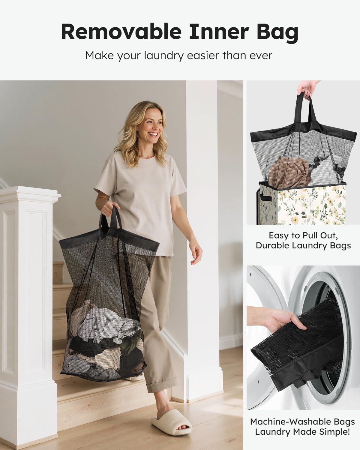 imageSOLEDI Laundry Hamper with Lid 100L Large amp Tall Collapsible Laundry Basket Clothes Hamper with Bag Removable Easy to Carry Dirty Hampers for Bedroom Bathroom Dorm College GreyBeige and flower