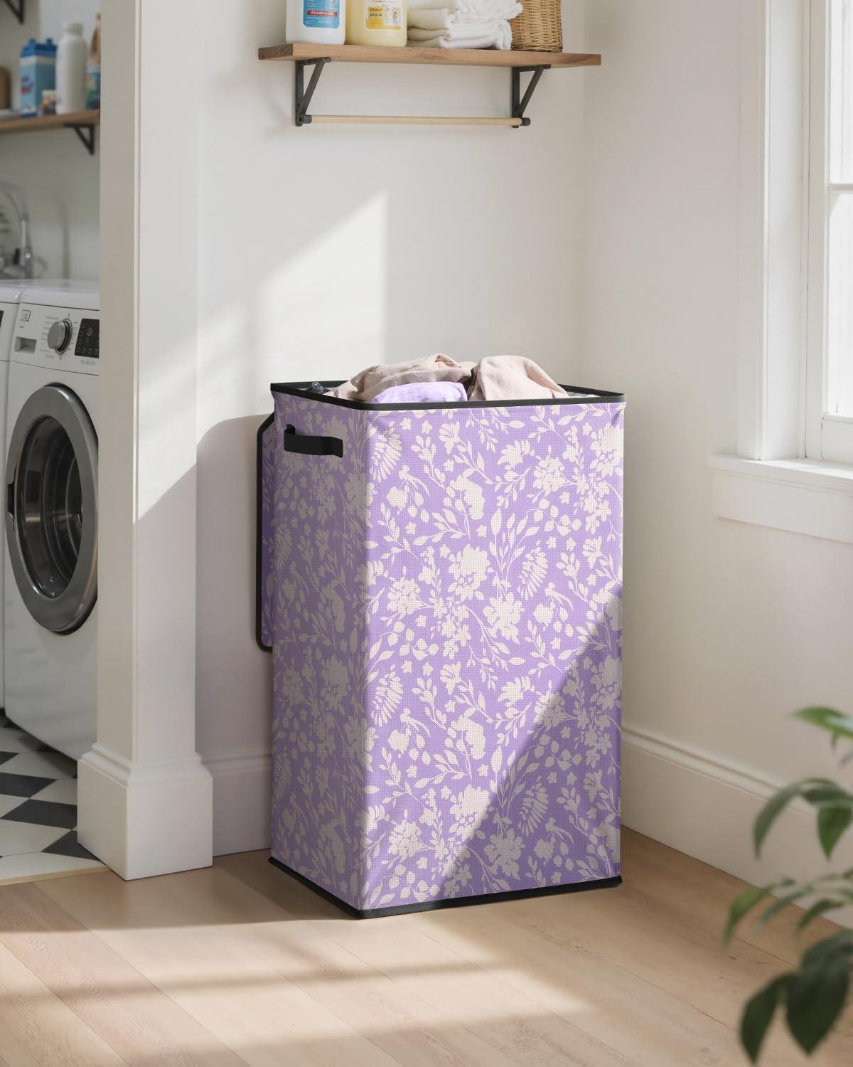 imageSOLEDI Laundry Hamper with Lid 100L Large amp Tall Collapsible Laundry Basket Clothes Hamper with Bag Removable Easy to Carry Dirty Hampers for Bedroom Bathroom Dorm College GreyPurple and flower