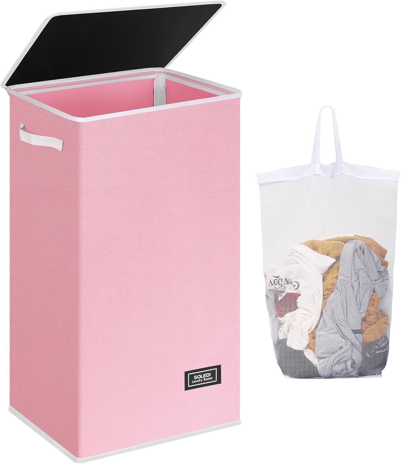 imageSOLEDI Laundry Hamper with Lid 100L Large amp Tall Collapsible Laundry Basket Clothes Hamper with Bag Removable Easy to Carry Dirty Hampers for Bedroom Bathroom Dorm College GreyPink