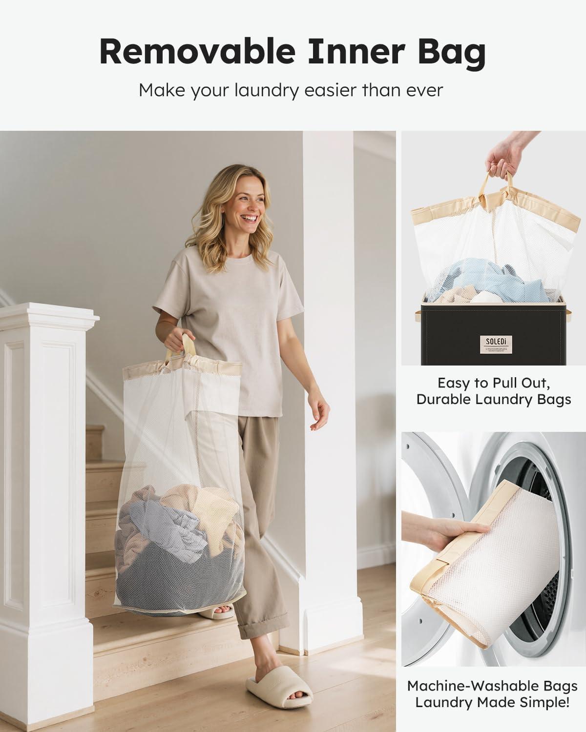 imageSOLEDI Laundry Hamper with Lid 100L Large amp Tall Collapsible Laundry Basket Clothes Hamper with Bag Removable Easy to Carry Dirty Hampers for Bedroom Bathroom Dorm College GreyPitch Black