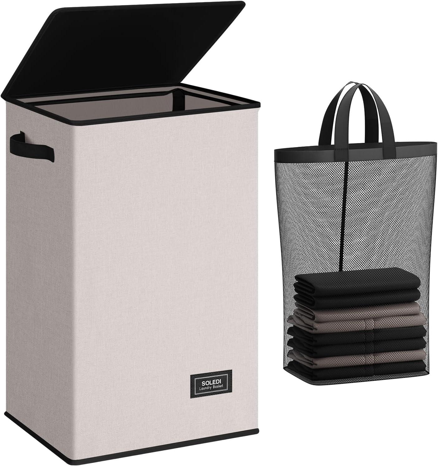 imageSOLEDI Laundry Hamper with Lid 100L Large amp Tall Collapsible Laundry Basket Clothes Hamper with Bag Removable Easy to Carry Dirty Hampers for Bedroom Bathroom Dorm College GreyLight taupe