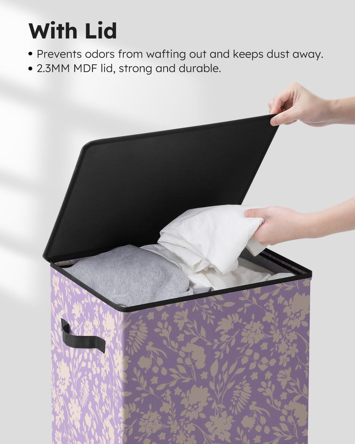 imageSOLEDI Laundry Hamper with Lid 100L Large amp Tall Collapsible Laundry Basket Clothes Hamper with Bag Removable Easy to Carry Dirty Hampers for Bedroom Bathroom Dorm College GreyPurple and flower