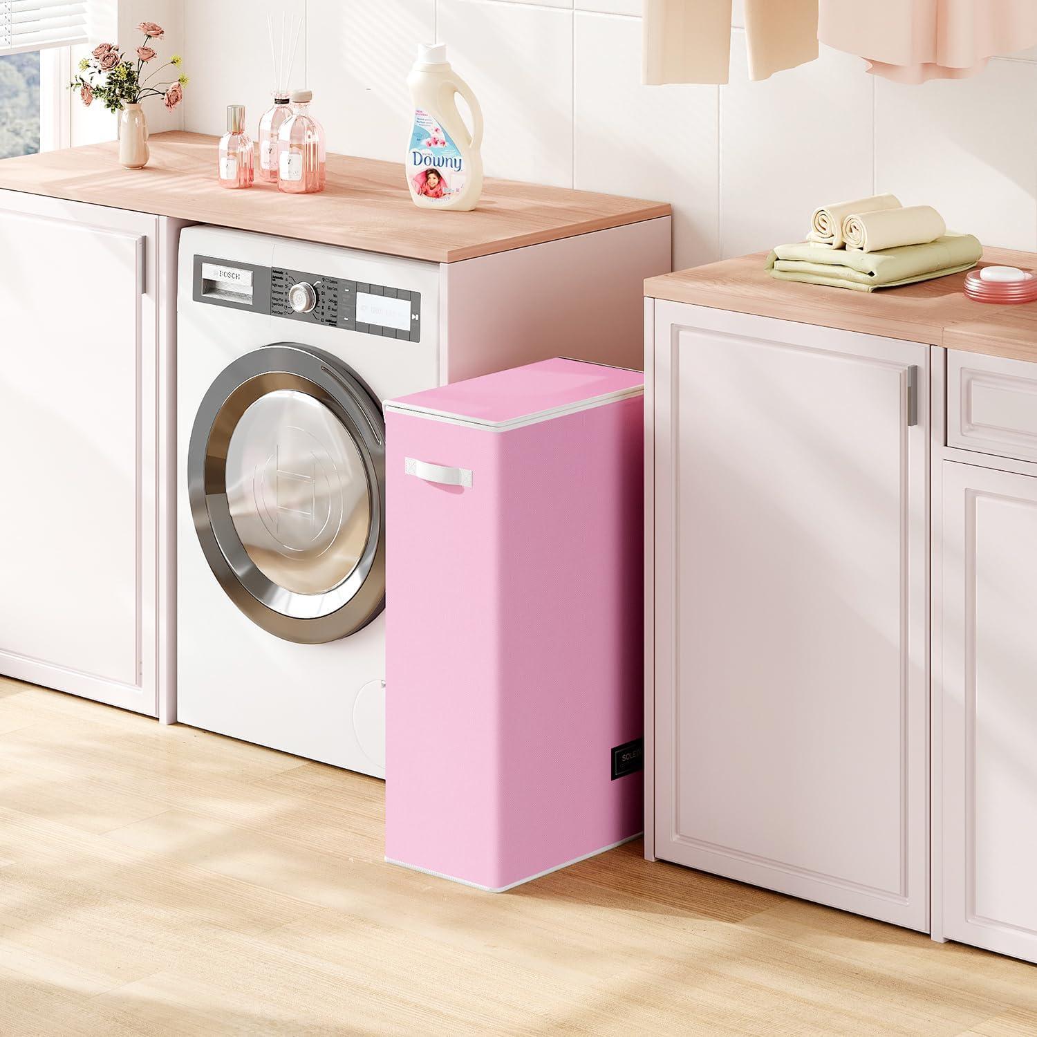 imageSOLEDI Laundry Hamper with Lid 100L Large amp Tall Collapsible Laundry Basket Clothes Hamper with Bag Removable Easy to Carry Dirty Hampers for Bedroom Bathroom Dorm College GreyPink
