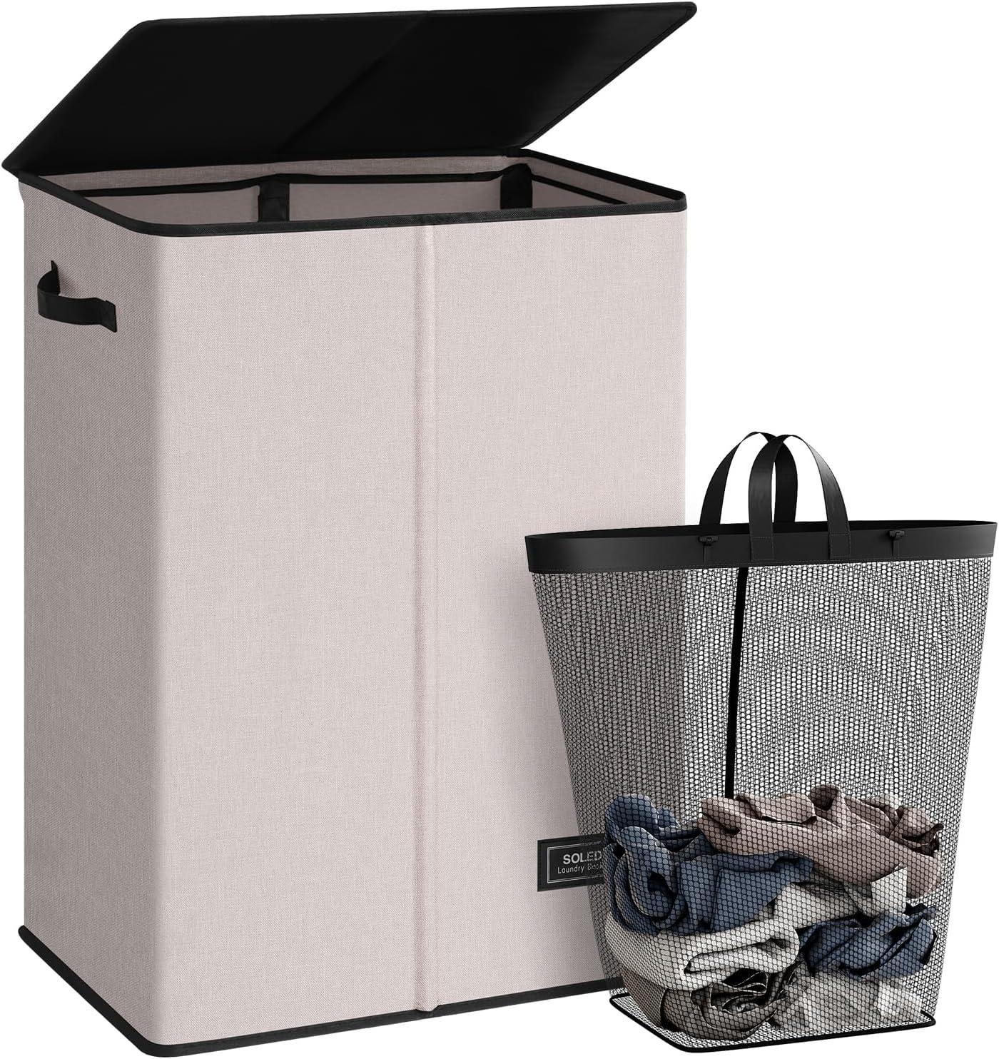 imageSOLEDI Laundry Hamper with Lid 100L Large amp Tall Collapsible Laundry Basket Clothes Hamper with Bag Removable Easy to Carry Dirty Hampers for Bedroom Bathroom Dorm College GreyLight taupe