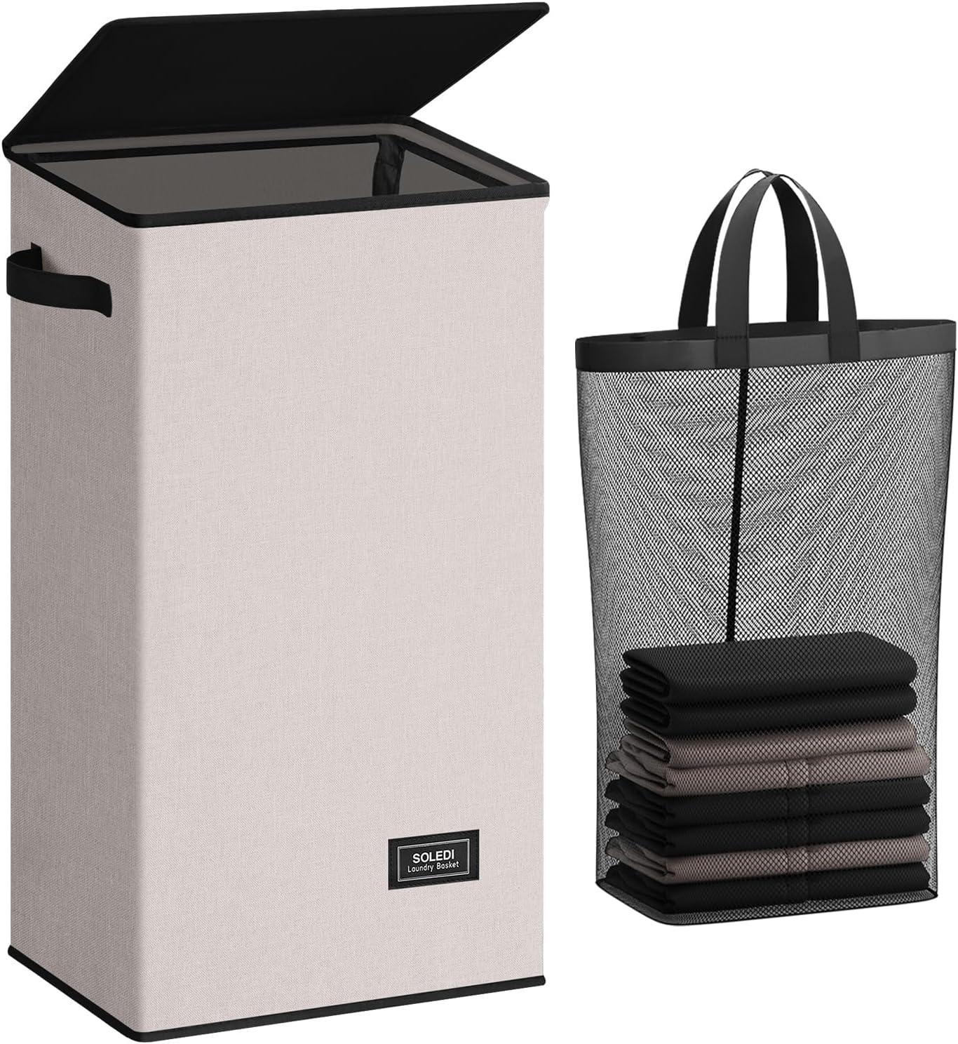 imageSOLEDI Laundry Hamper with Lid 100L Large amp Tall Collapsible Laundry Basket Clothes Hamper with Bag Removable Easy to Carry Dirty Hampers for Bedroom Bathroom Dorm College GreyLight taupe