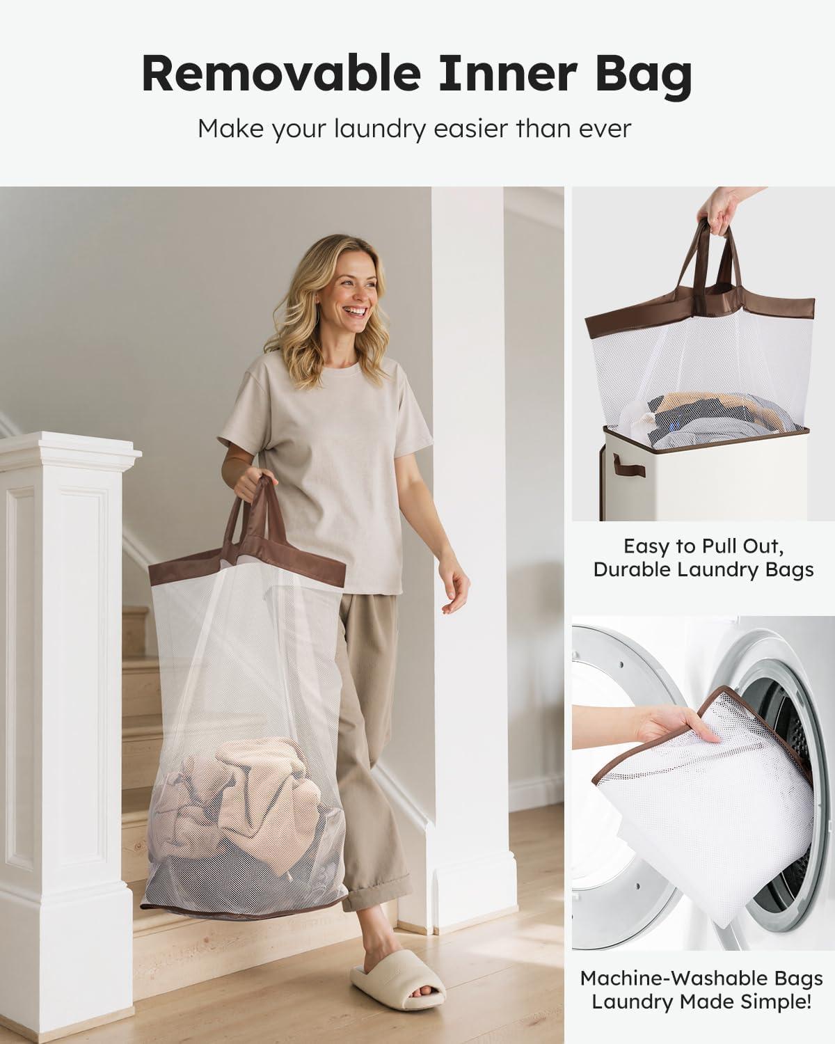 imageSOLEDI Laundry Hamper with Lid 100L Large amp Tall Collapsible Laundry Basket Clothes Hamper with Bag Removable Easy to Carry Dirty Hampers for Bedroom Bathroom Dorm College GreyOffWhite