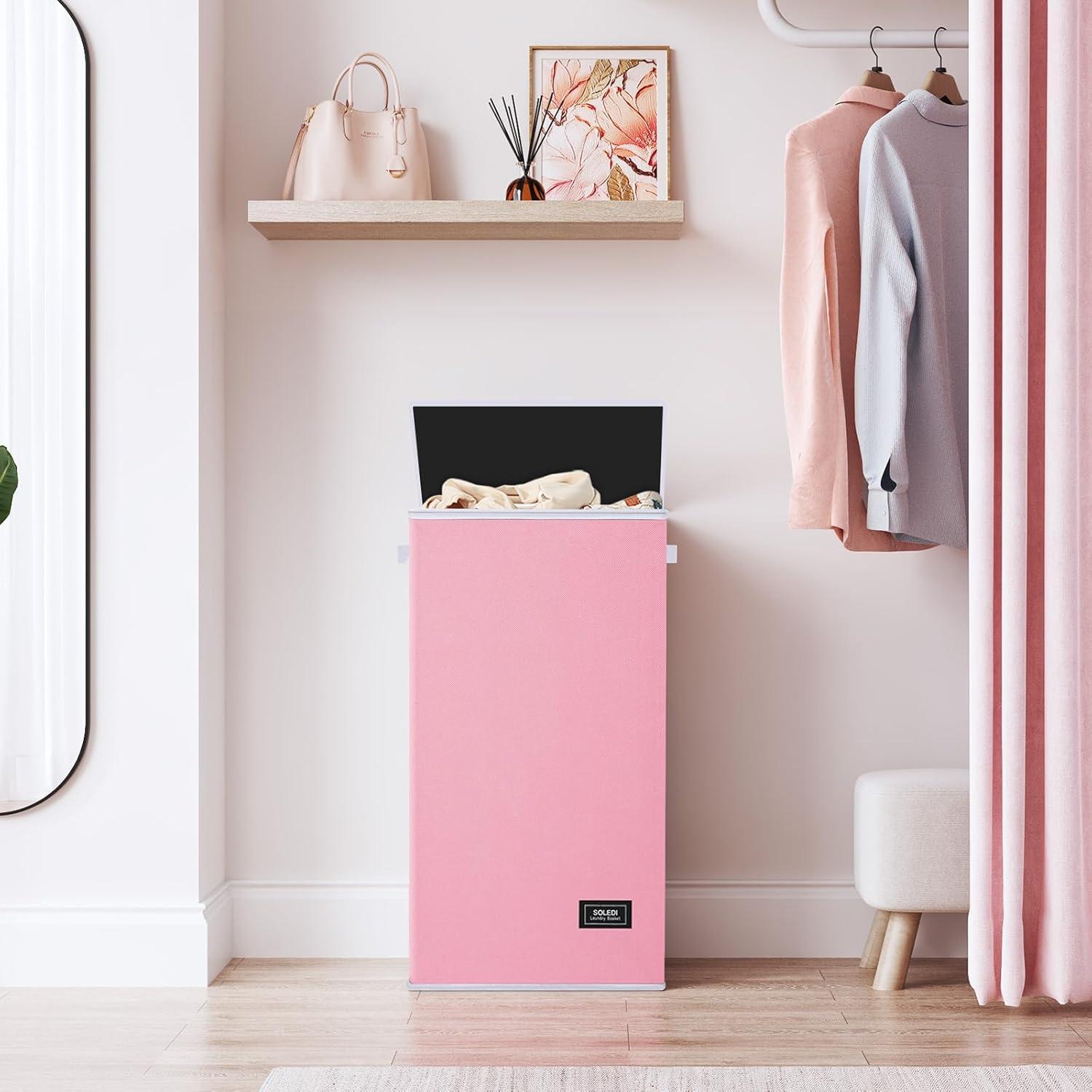 imageSOLEDI Laundry Hamper with Lid 100L Large amp Tall Collapsible Laundry Basket Clothes Hamper with Bag Removable Easy to Carry Dirty Hampers for Bedroom Bathroom Dorm College GreyPink