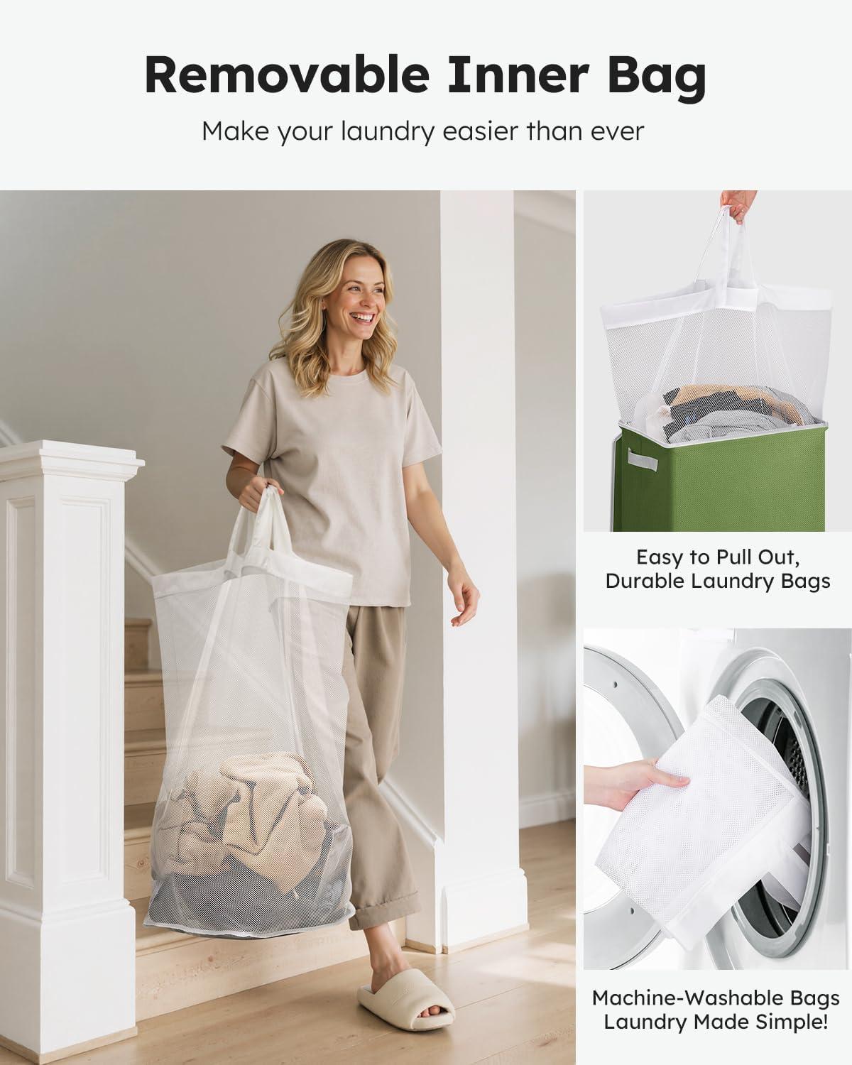 imageSOLEDI Laundry Hamper with Lid 100L Large amp Tall Collapsible Laundry Basket Clothes Hamper with Bag Removable Easy to Carry Dirty Hampers for Bedroom Bathroom Dorm College GreyDark Green