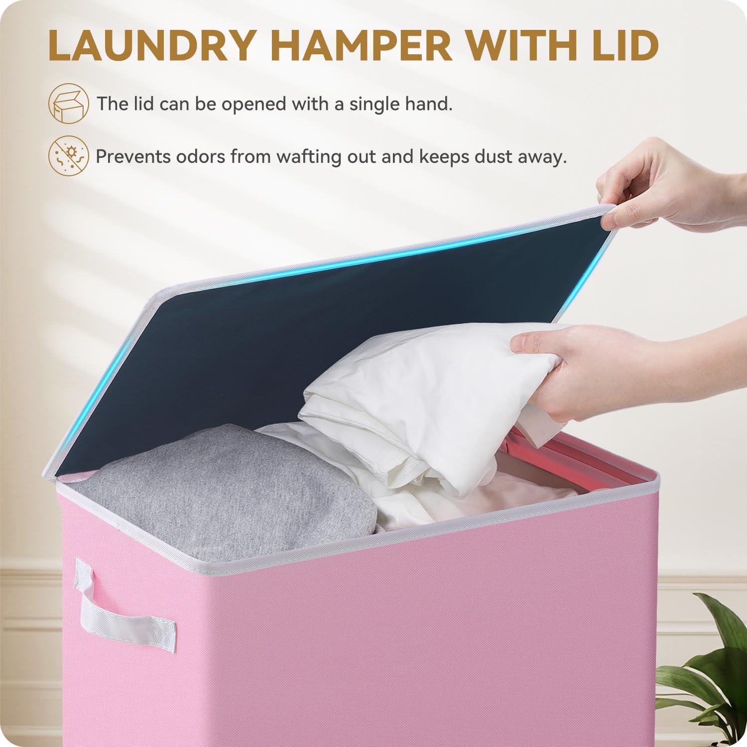 imageSOLEDI Laundry Hamper with Lid 100L Large amp Tall Collapsible Laundry Basket Clothes Hamper with Bag Removable Easy to Carry Dirty Hampers for Bedroom Bathroom Dorm College GreyPink