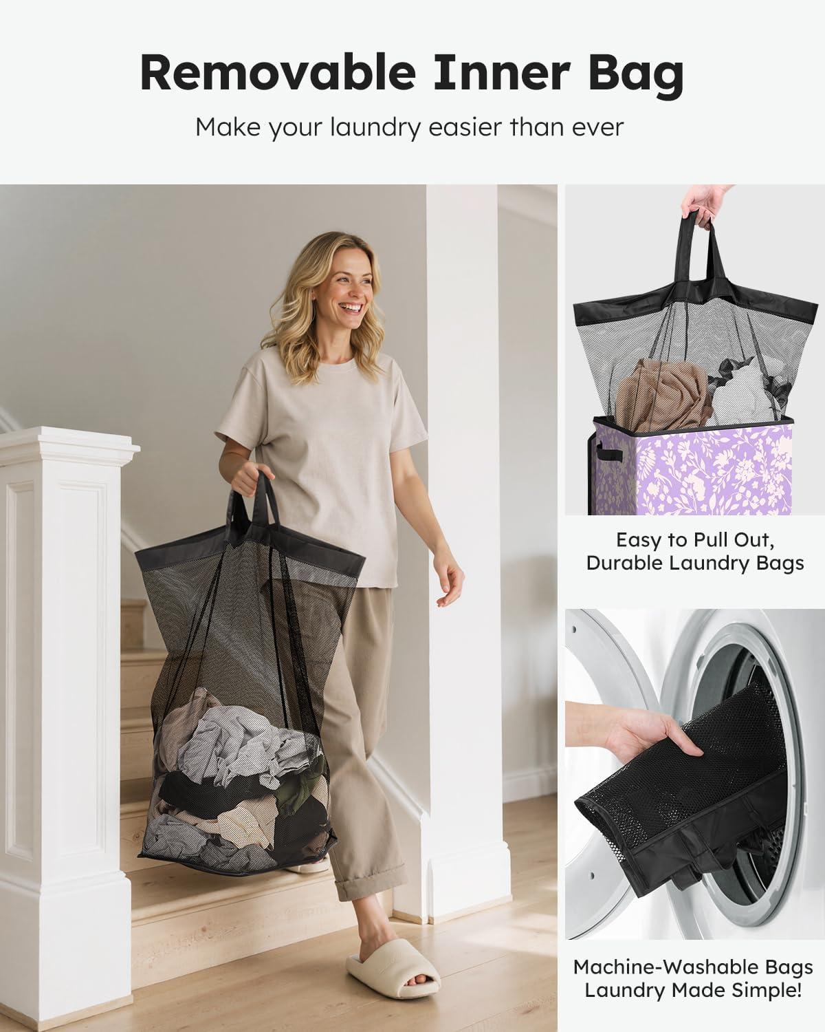 imageSOLEDI Laundry Hamper with Lid 100L Large amp Tall Collapsible Laundry Basket Clothes Hamper with Bag Removable Easy to Carry Dirty Hampers for Bedroom Bathroom Dorm College GreyPurple and flower