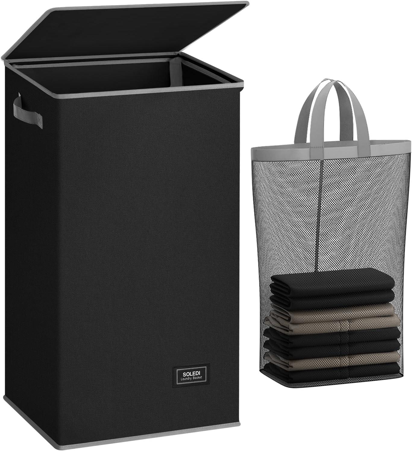 imageSOLEDI Laundry Hamper with Lid 100L Large amp Tall Collapsible Laundry Basket Clothes Hamper with Bag Removable Easy to Carry Dirty Hampers for Bedroom Bathroom Dorm College GreyBlack