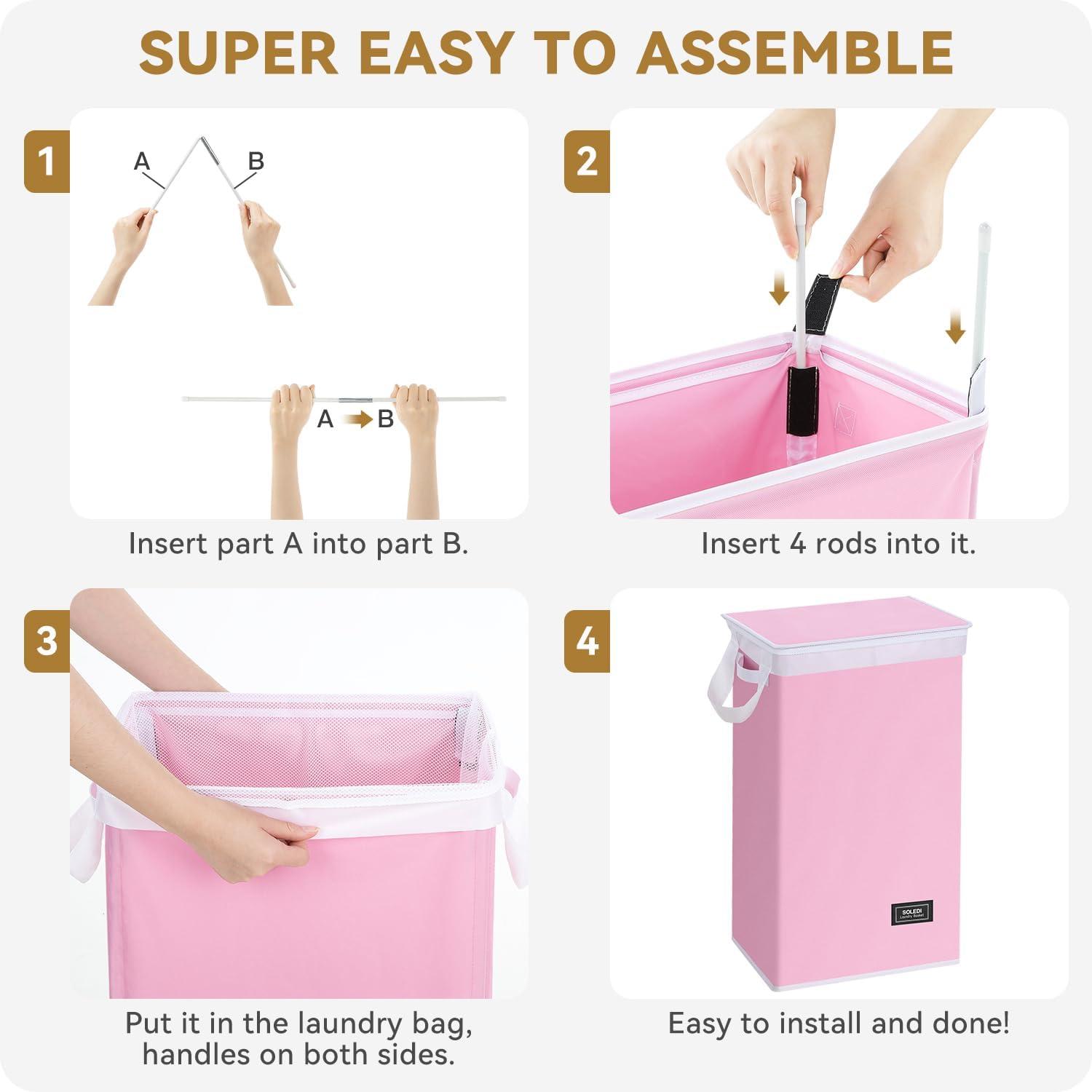 imageSOLEDI Laundry Hamper with Lid 100L Large amp Tall Collapsible Laundry Basket Clothes Hamper with Bag Removable Easy to Carry Dirty Hampers for Bedroom Bathroom Dorm College GreyPink