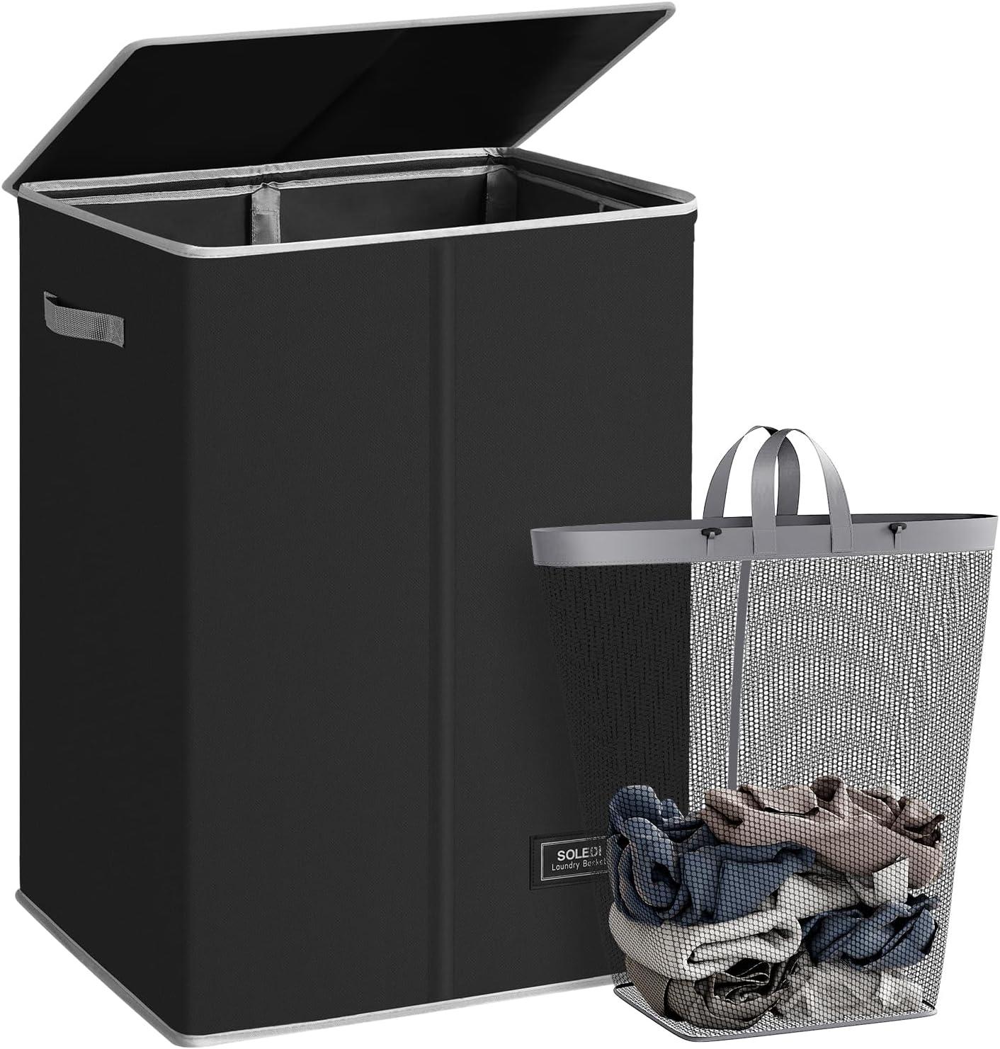 imageSOLEDI Laundry Hamper with Lid 100L Large amp Tall Collapsible Laundry Basket Clothes Hamper with Bag Removable Easy to Carry Dirty Hampers for Bedroom Bathroom Dorm College GreyBlack