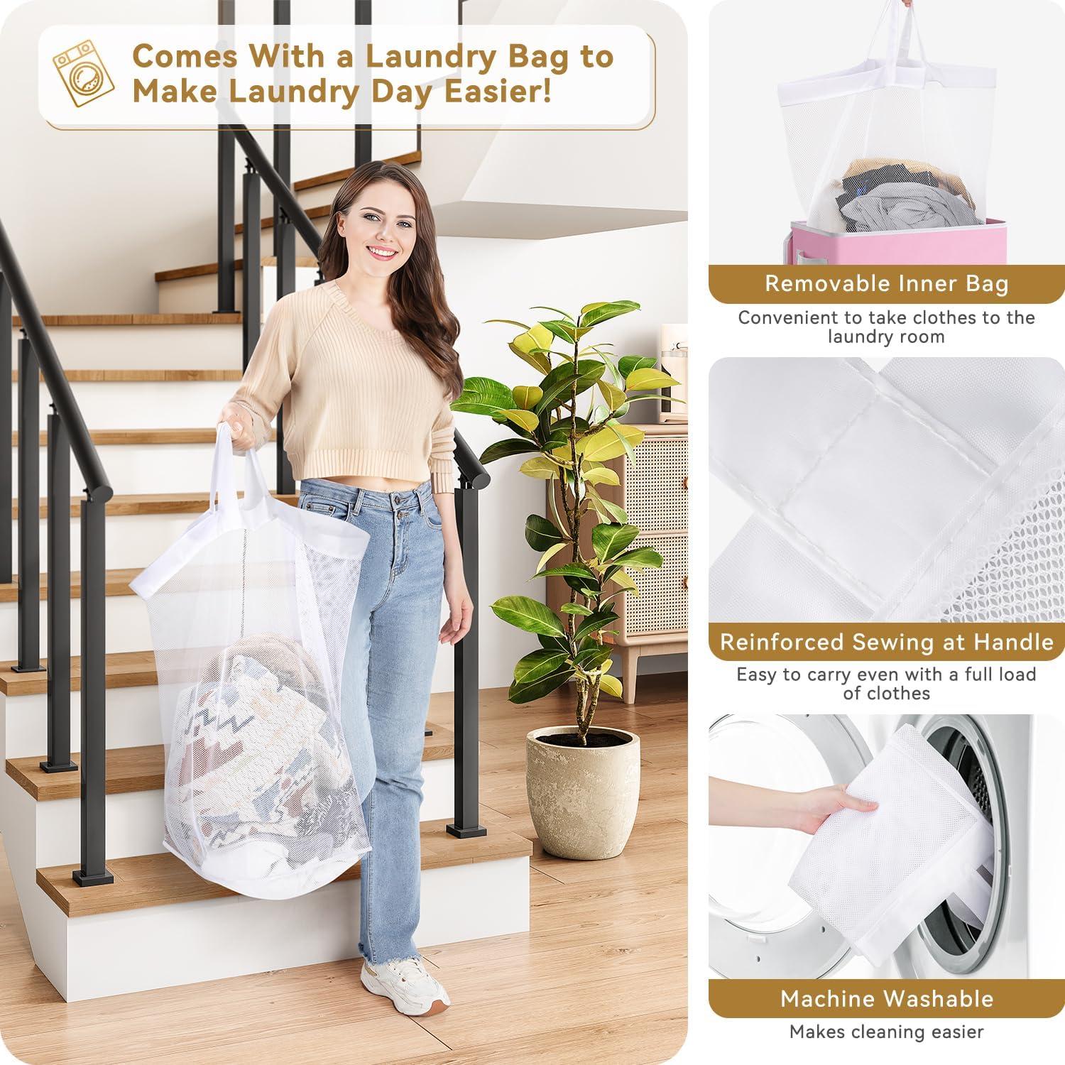 imageSOLEDI Laundry Hamper with Lid 100L Large amp Tall Collapsible Laundry Basket Clothes Hamper with Bag Removable Easy to Carry Dirty Hampers for Bedroom Bathroom Dorm College GreyPink