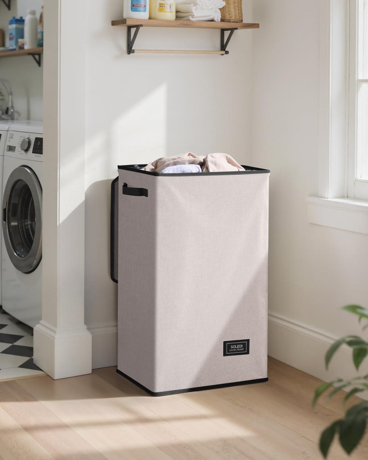 imageSOLEDI Laundry Hamper with Lid 100L Large amp Tall Collapsible Laundry Basket Clothes Hamper with Bag Removable Easy to Carry Dirty Hampers for Bedroom Bathroom Dorm College GreyLight taupe