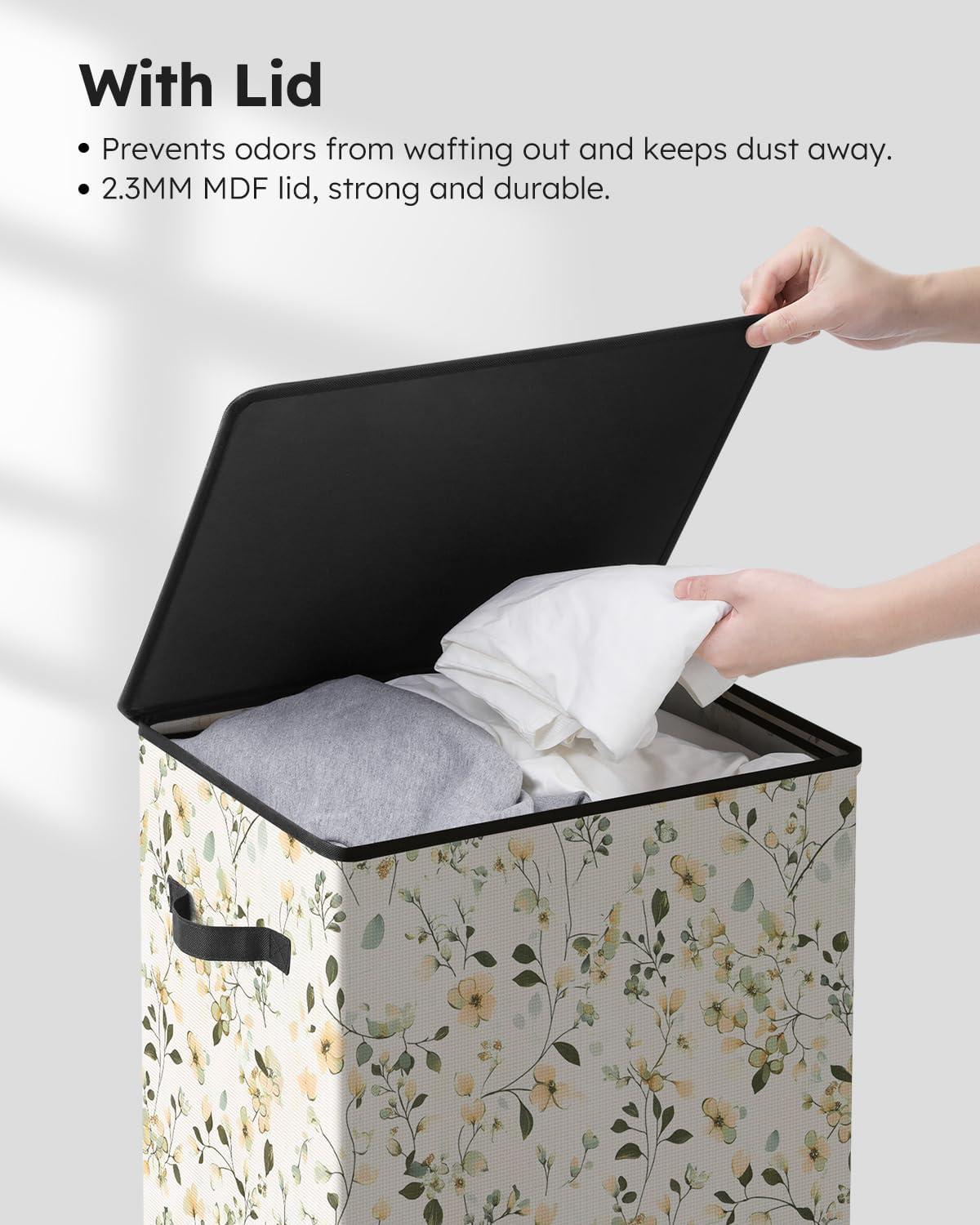 imageSOLEDI Laundry Hamper with Lid 100L Large amp Tall Collapsible Laundry Basket Clothes Hamper with Bag Removable Easy to Carry Dirty Hampers for Bedroom Bathroom Dorm College GreyBeige and flower