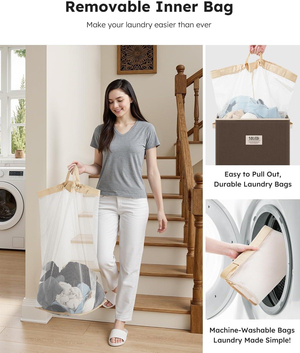 imageSOLEDI Laundry Hamper with Lid 100L Large amp Tall Collapsible Laundry Basket Clothes Hamper with Bag Removable Easy to Carry Dirty Hampers for Bedroom Bathroom Dorm College GreyChocolate