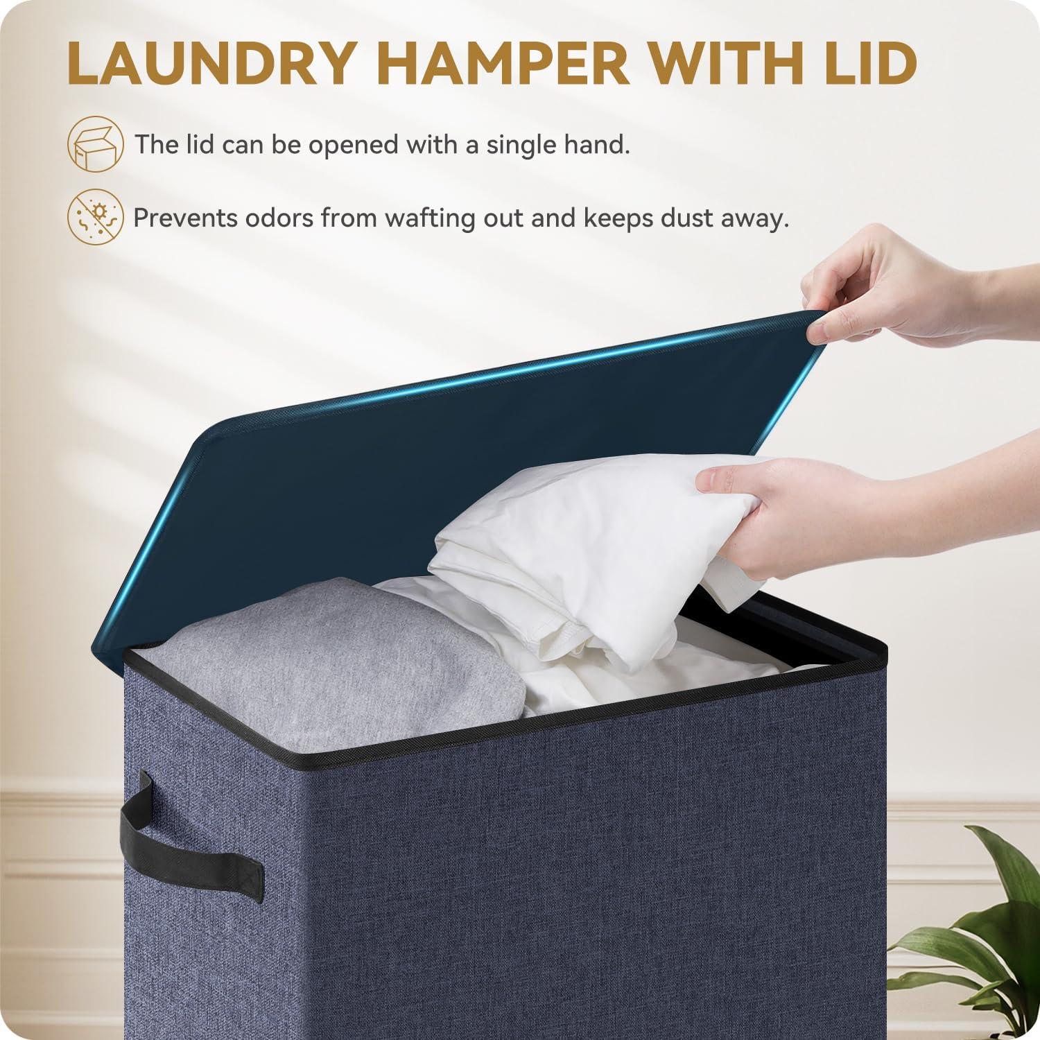 imageSOLEDI Laundry Hamper with Lid 100L Large amp Tall Collapsible Laundry Basket Clothes Hamper with Bag Removable Easy to Carry Dirty Hampers for Bedroom Bathroom Dorm College GreyNavy Blue