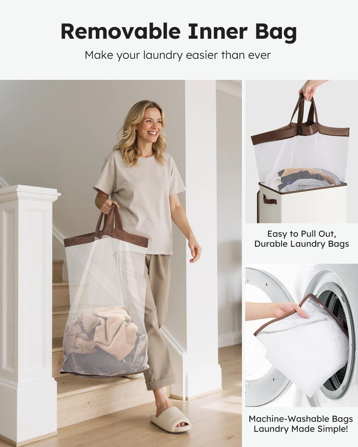 imageSOLEDI Laundry Hamper with Lid 100L Large amp Tall Collapsible Laundry Basket Clothes Hamper with Bag Removable Easy to Carry Dirty Hampers for Bedroom Bathroom Dorm College GreyOffWhite
