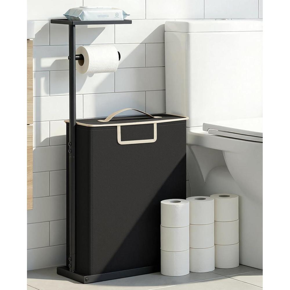 imageFreestanding Toilet Paper Holder Stand with Shelf for Up to 12 RollsRustproof Metal Bathroom Toilet Paper Storage with Lid AllinOne Toilet Tissue Roll Dispenser and OrganizerGrayBlack