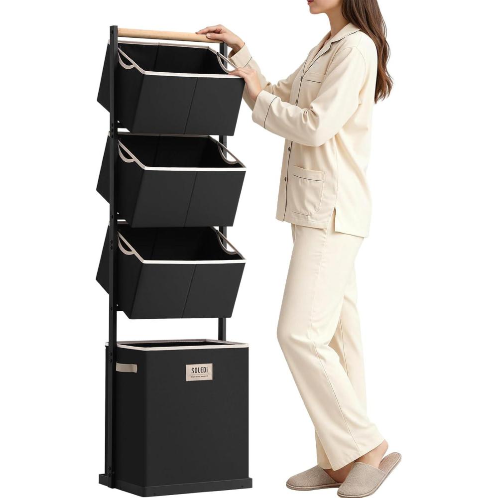 imageSOLEDI 4 Section Laundry Hamper Sorter Stackable Laundry Basket Organizer with Removable Basket 125L 4Tier Vertical Laundry Sorter for Small Space Laundry Room Dorm Bathroom Wardrobe BlackBlack