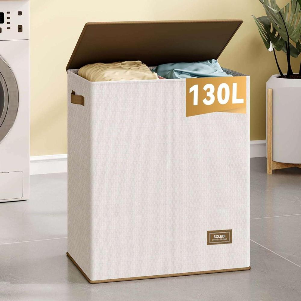 imageSOLEDI Double Laundry Hamper with Lid 34 Gal 130L Waterresistant Hightenacity Material Collapsible Laundry Basket with 2 Removable Liner Bags Large laundry hamper 2 Section