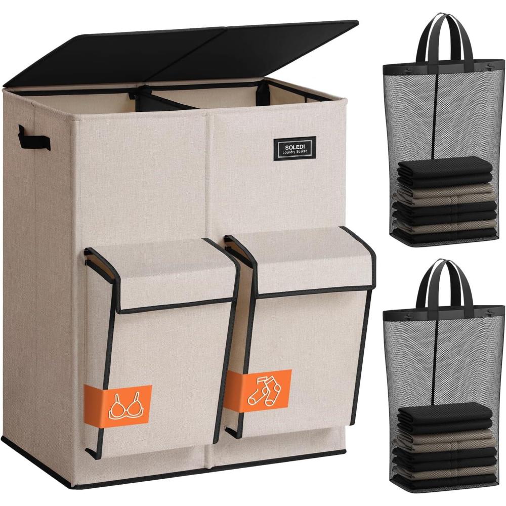 imageSOLEDI Double Laundry Hamper with Lid 478 Gal 180L Large Laundr Basket 2 Section with 2 Side Pockets Dirty Clothes Hamper with Removable Bag Easy to Carry for Laundry Room Bedroom Light taupeLight taupe