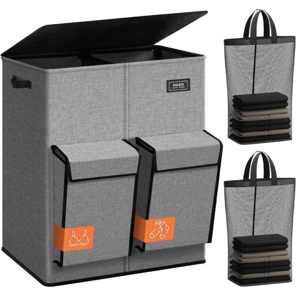 imageSOLEDI Double Laundry Hamper with Lid 478 Gal 180L Large Laundr Basket 2 Section with 2 Side Pockets Dirty Clothes Hamper with Removable Bag Easy to Carry for Laundry Room Bedroom Light taupeGrey
