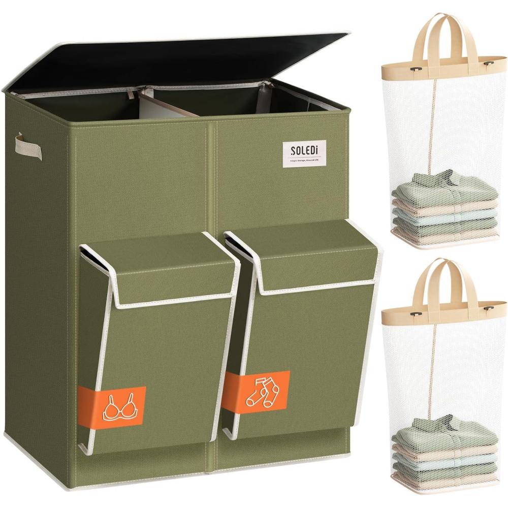 imageSOLEDI Double Laundry Hamper with Lid 478 Gal 180L Large Laundr Basket 2 Section with 2 Side Pockets Dirty Clothes Hamper with Removable Bag Easy to Carry for Laundry Room Bedroom Light taupeAvocado