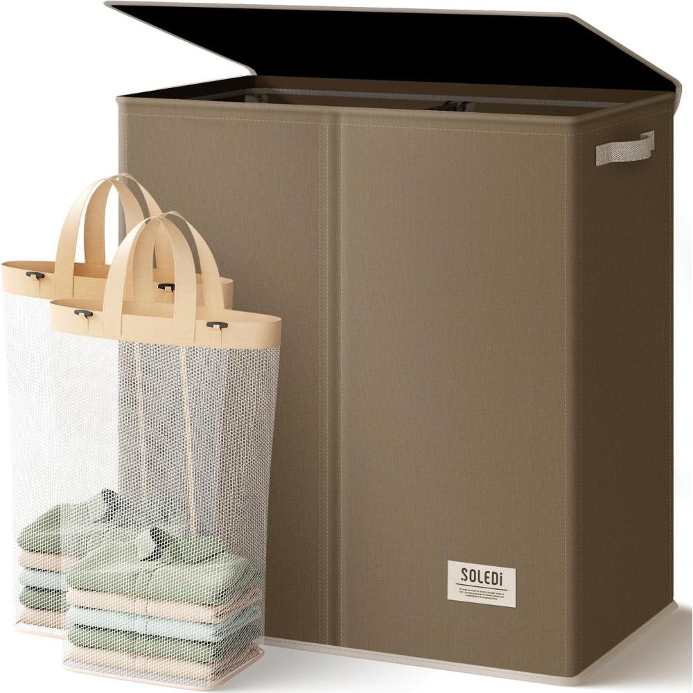 imageSOLEDI Double Laundry Hamper with Lid and Removable bag Large Laundry Basket 2 Section with handles Collapsible Dirty Clothes Hampers for Laundry Bedroom Dorm CollegeChocolate Brown