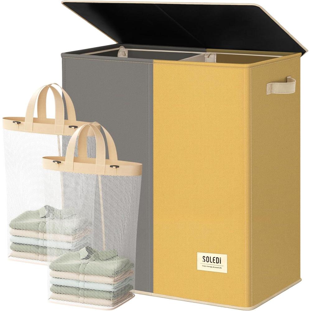 imageSOLEDI Double Laundry Hamper with Lid and Removable bag Large Laundry Basket 2 Section with handles Collapsible Dirty Clothes Hampers for Laundry Bedroom Dorm CollegeMango YellowConcrete Gray