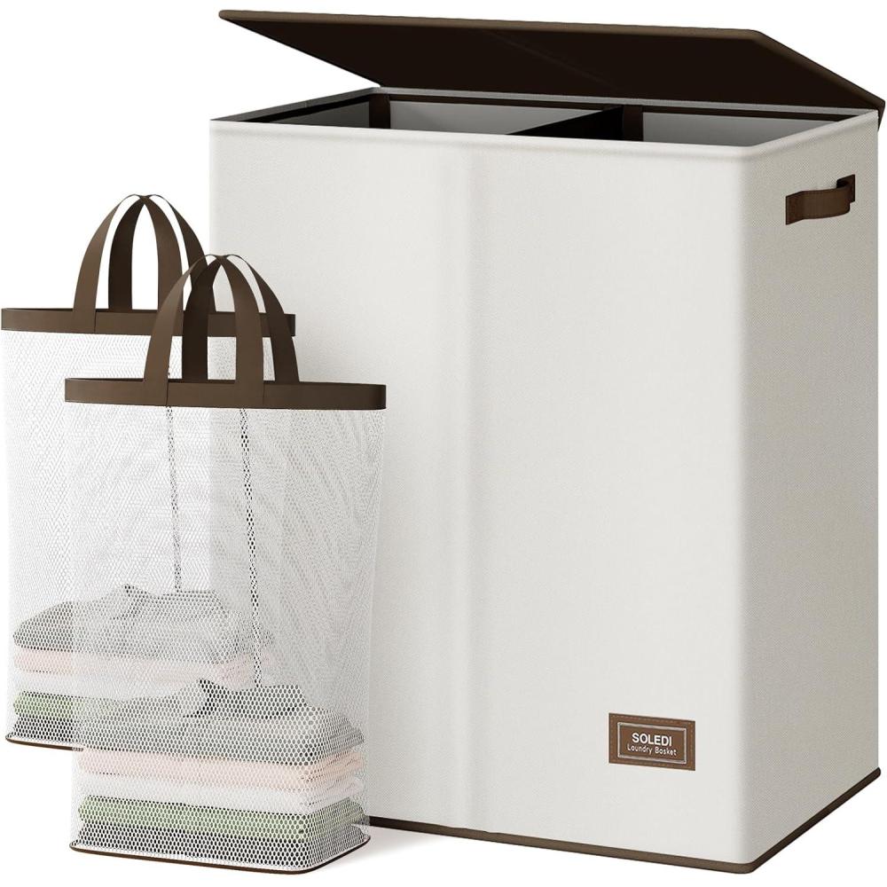 imageSOLEDI Double Laundry Hamper with Lid and Removable bag Large Laundry Basket 2 Section with handles Collapsible Dirty Clothes Hampers for Laundry Bedroom Dorm CollegeOff White