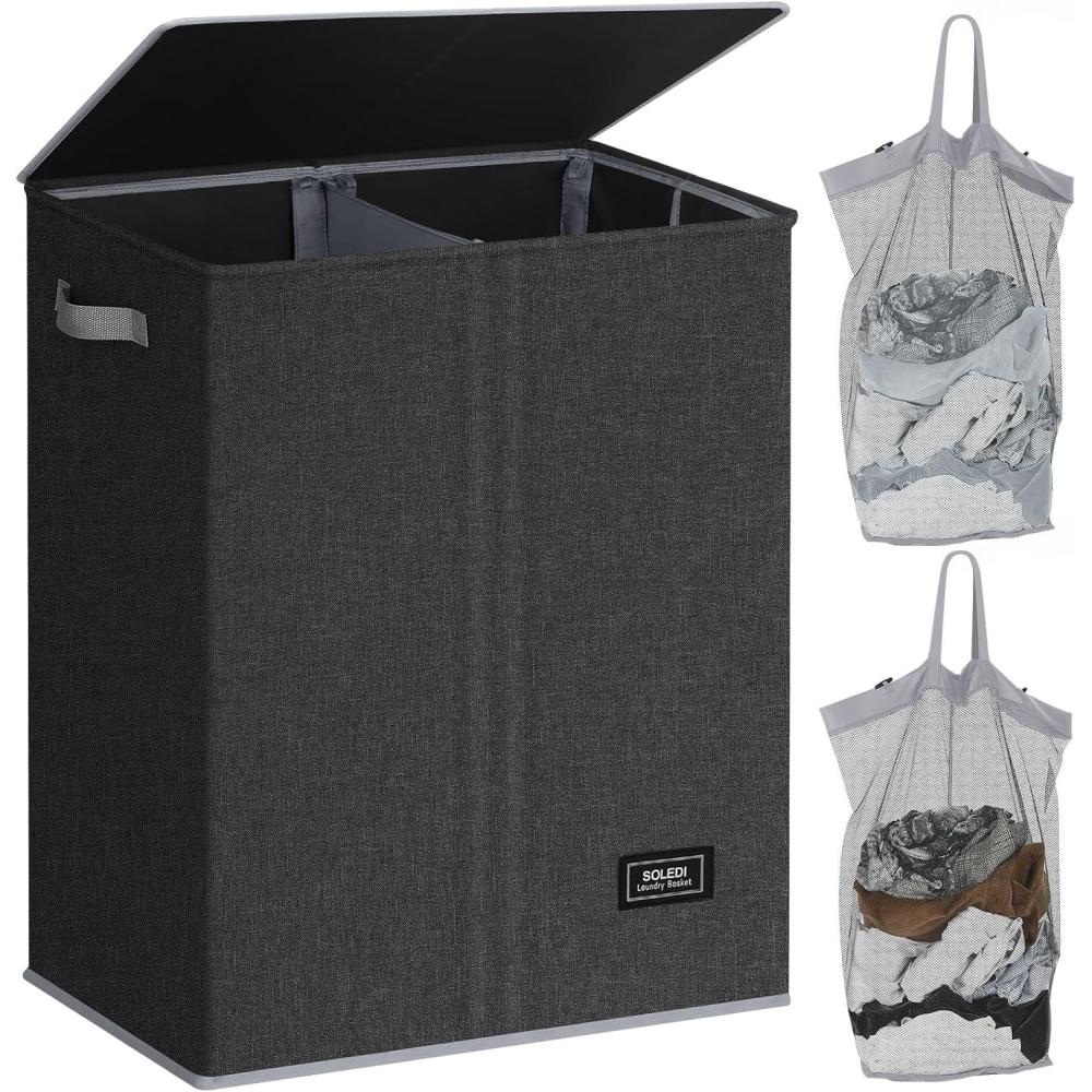 imageSOLEDI Double Laundry Hamper with Lid and Removable bag Large Laundry Basket 2 Section with handles Collapsible Dirty Clothes Hampers for Laundry Bedroom Dorm CollegeDark Grey