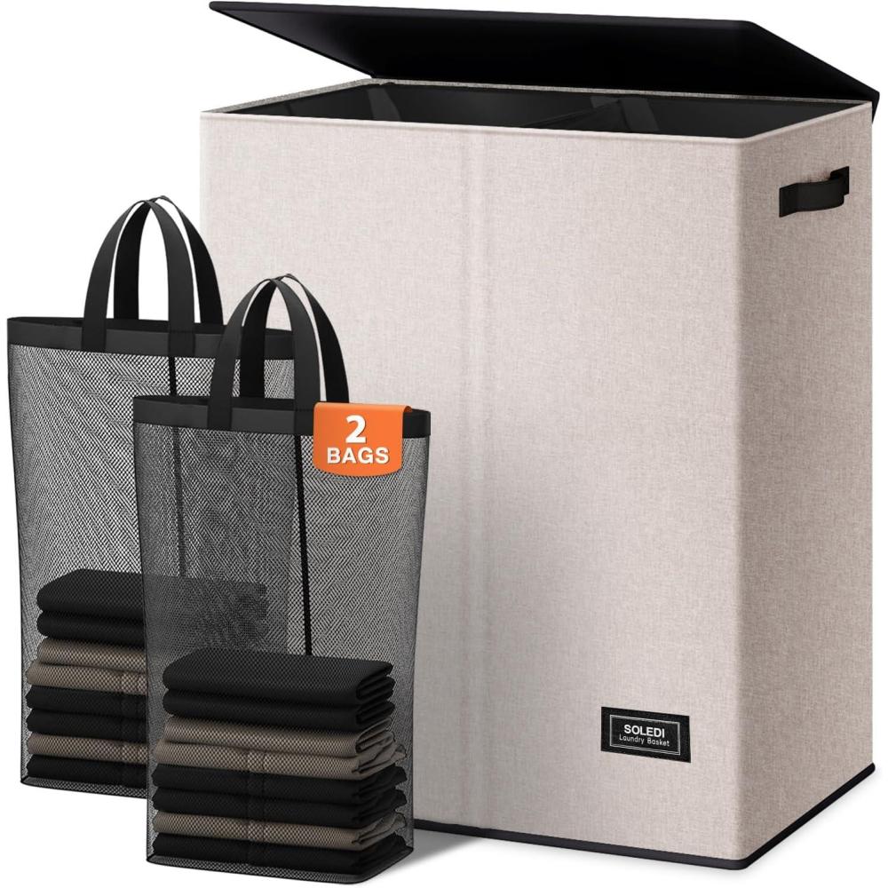 imageSOLEDI Double Laundry Hamper with Lid and Removable bag Large Laundry Basket 2 Section with handles Collapsible Dirty Clothes Hampers for Laundry Bedroom Dorm CollegeBeige
