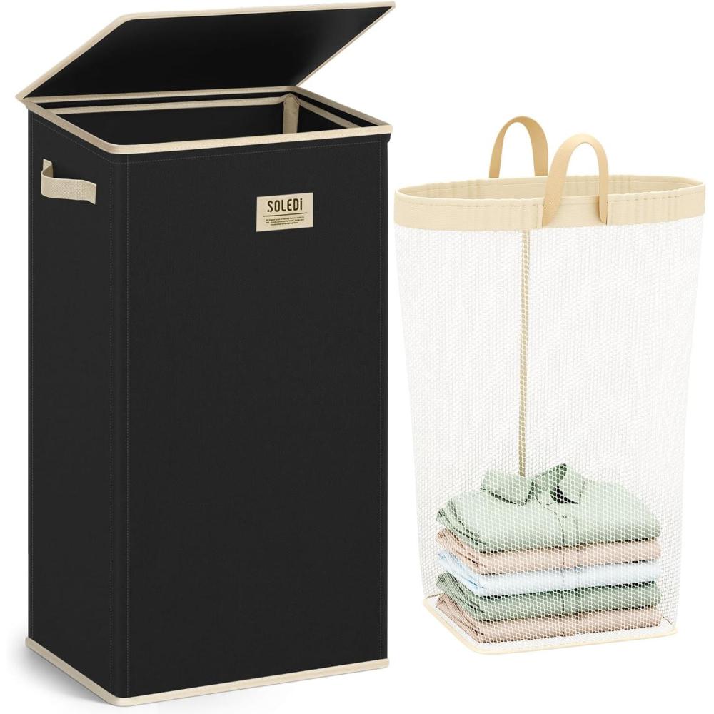 imageSOLEDI Laundry Hamper with Lid 100L Large amp Tall Collapsible Laundry Basket Clothes Hamper with Bag Removable Easy to Carry Dirty Hampers for Bedroom Bathroom Dorm College GreyPitch Black