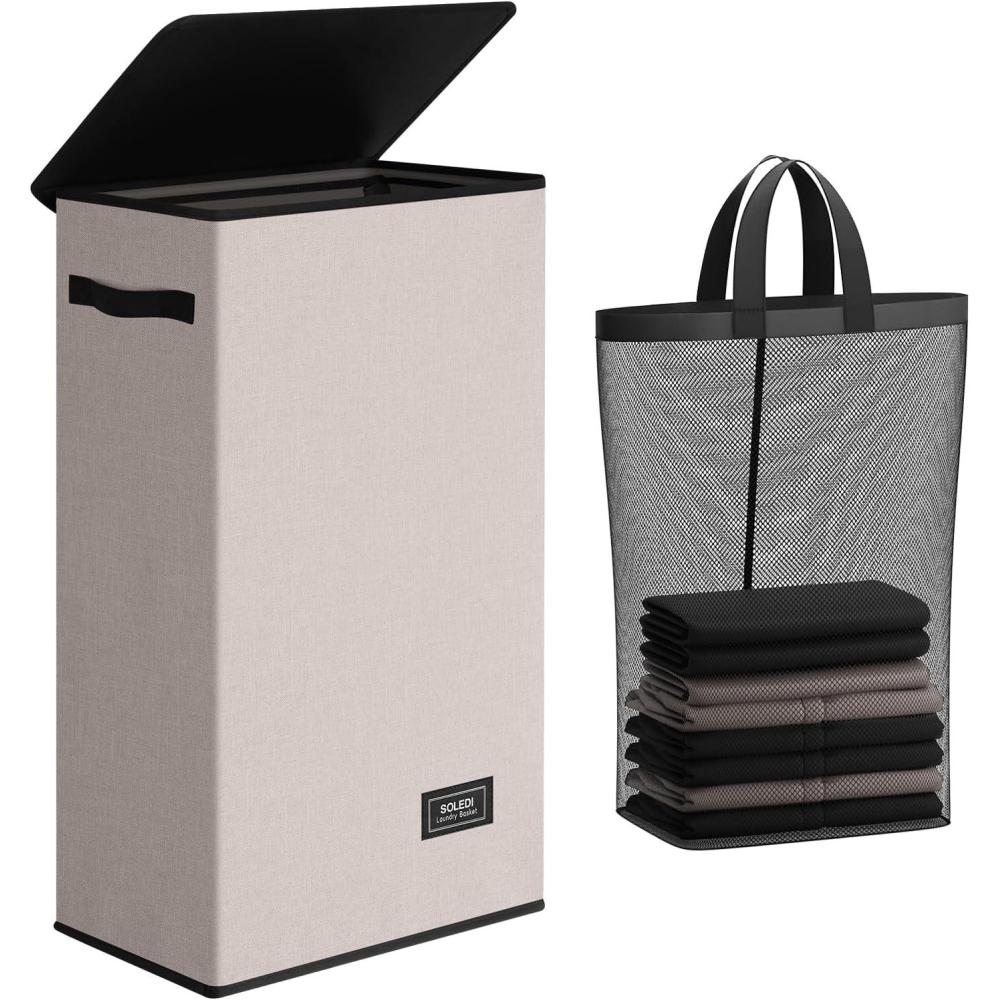 imageSOLEDI Laundry Hamper with Lid 100L Large amp Tall Collapsible Laundry Basket Clothes Hamper with Bag Removable Easy to Carry Dirty Hampers for Bedroom Bathroom Dorm College GreyLight taupe