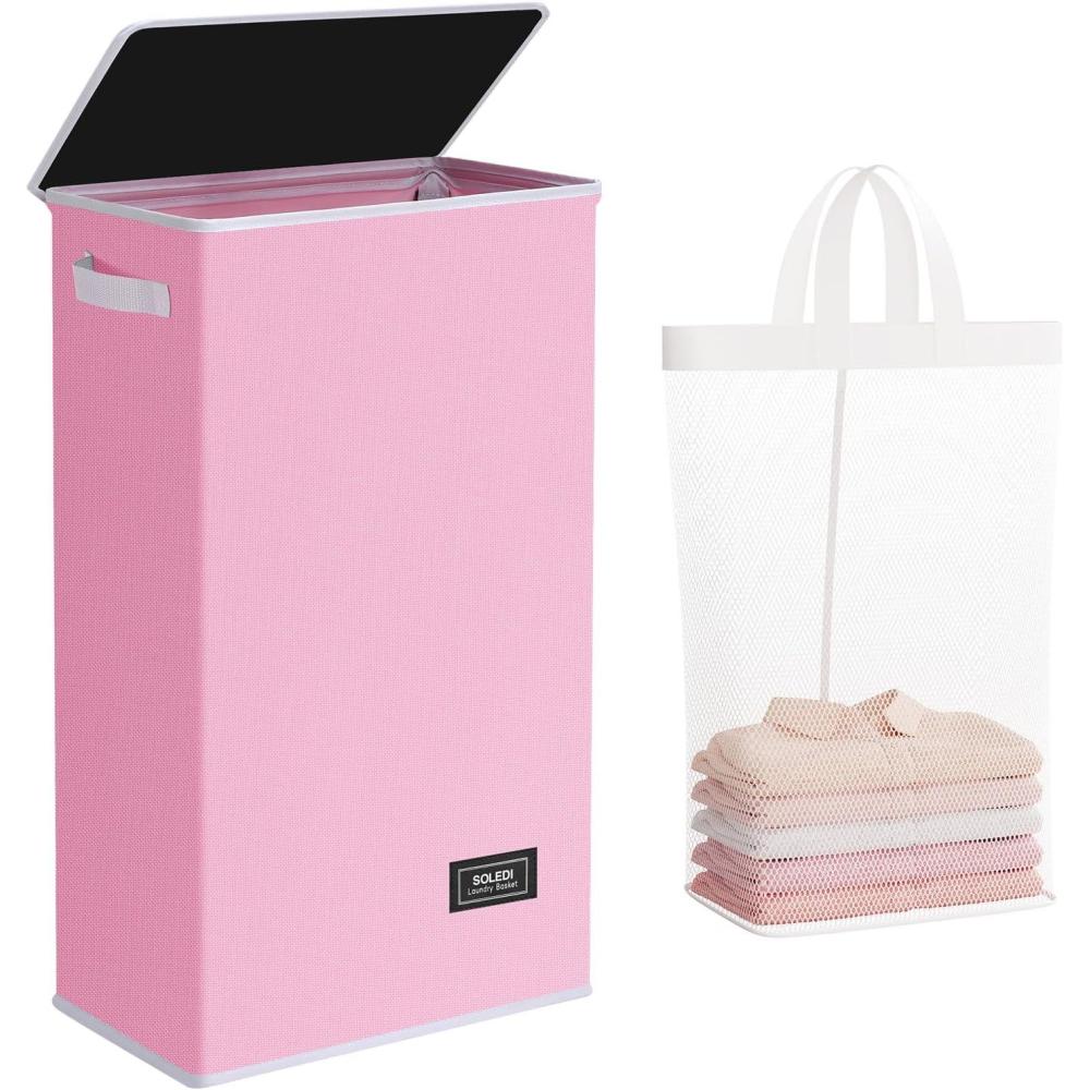 imageSOLEDI Laundry Hamper with Lid 100L Large amp Tall Collapsible Laundry Basket Clothes Hamper with Bag Removable Easy to Carry Dirty Hampers for Bedroom Bathroom Dorm College GreyPink