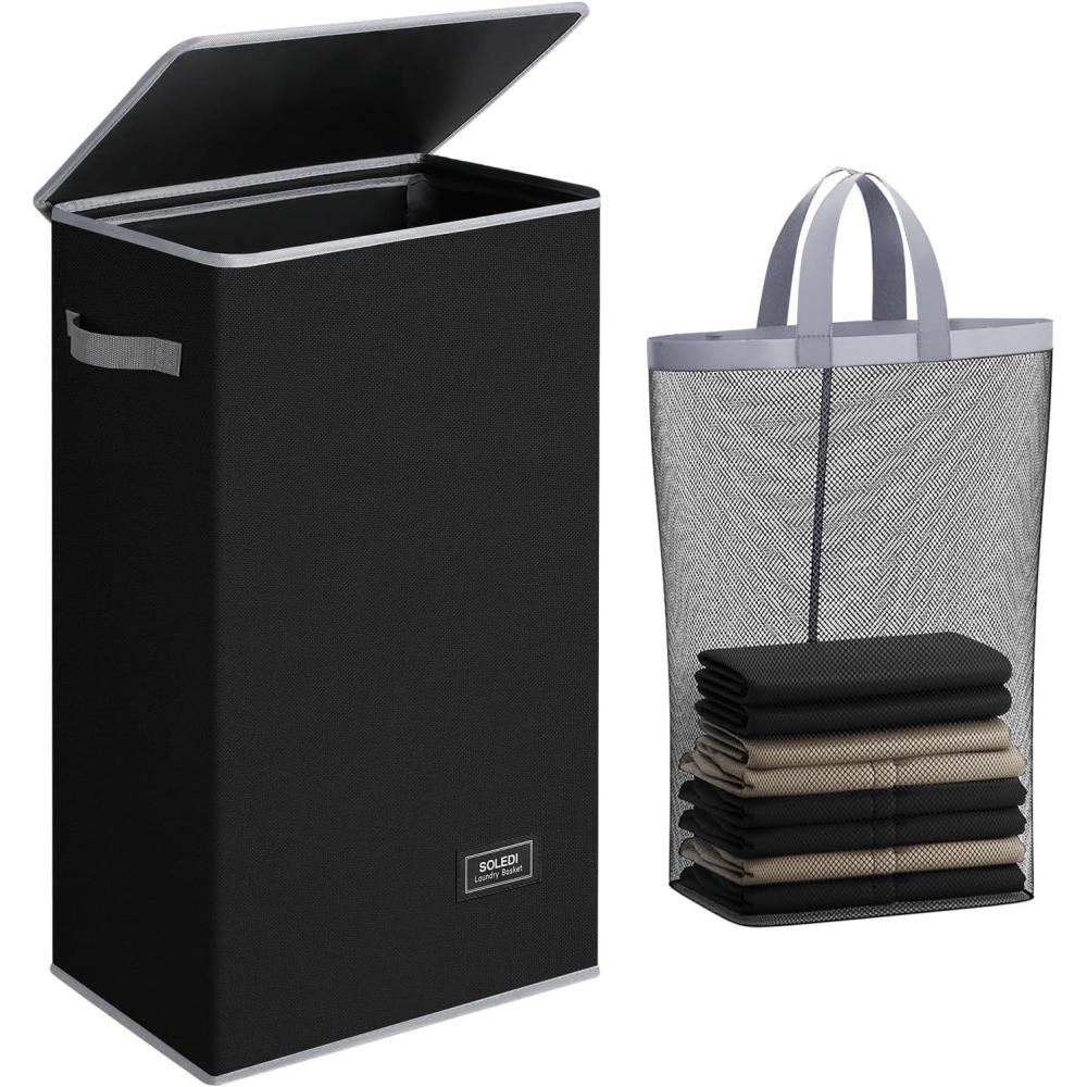 imageSOLEDI Laundry Hamper with Lid 100L Large amp Tall Collapsible Laundry Basket Clothes Hamper with Bag Removable Easy to Carry Dirty Hampers for Bedroom Bathroom Dorm College GreyBlack