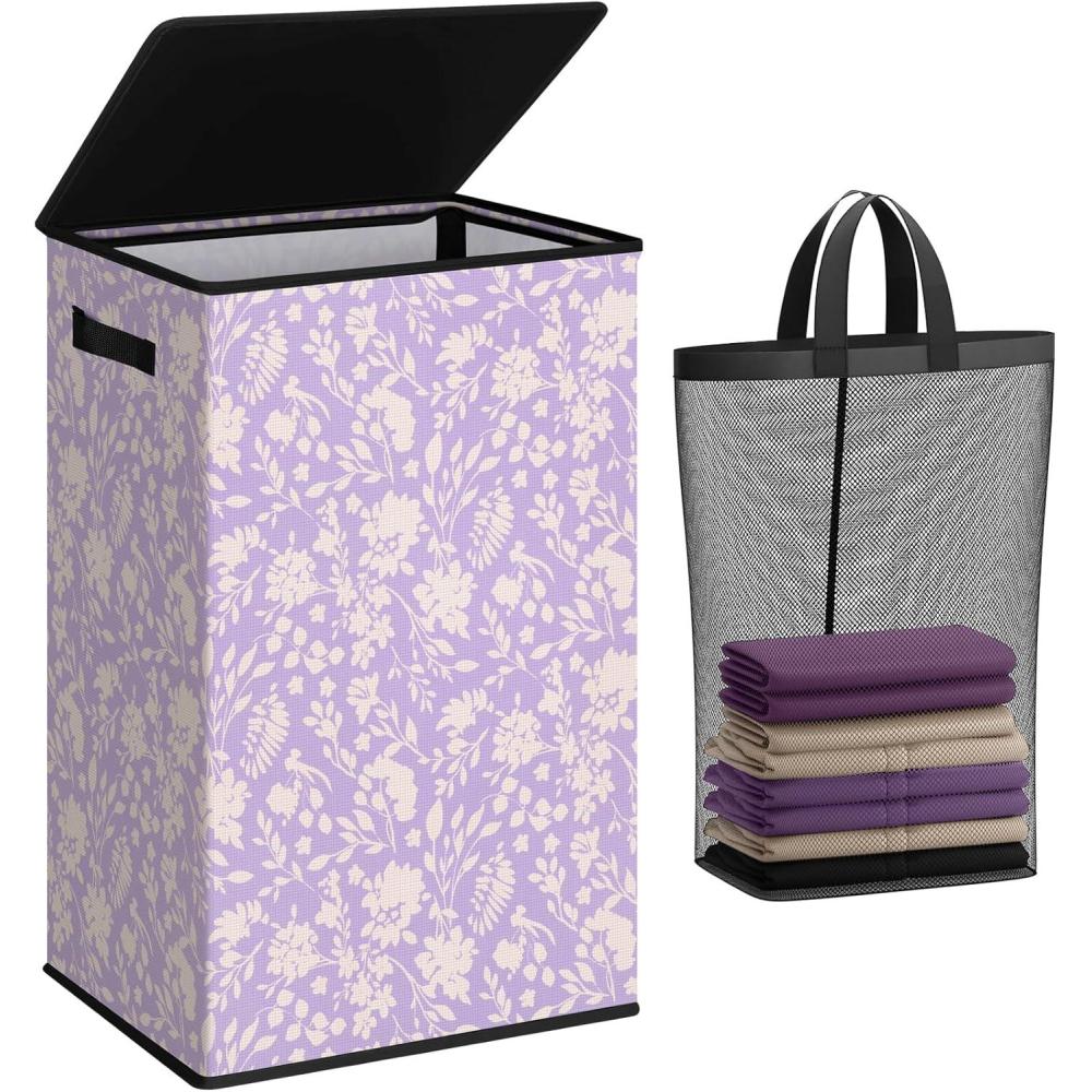 imageSOLEDI Laundry Hamper with Lid 100L Large amp Tall Collapsible Laundry Basket Clothes Hamper with Bag Removable Easy to Carry Dirty Hampers for Bedroom Bathroom Dorm College GreyPurple and flower