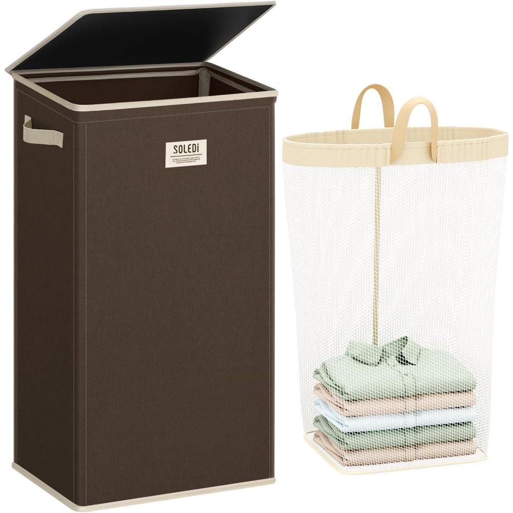 imageSOLEDI Laundry Hamper with Lid 100L Large amp Tall Collapsible Laundry Basket Clothes Hamper with Bag Removable Easy to Carry Dirty Hampers for Bedroom Bathroom Dorm College GreyChocolate