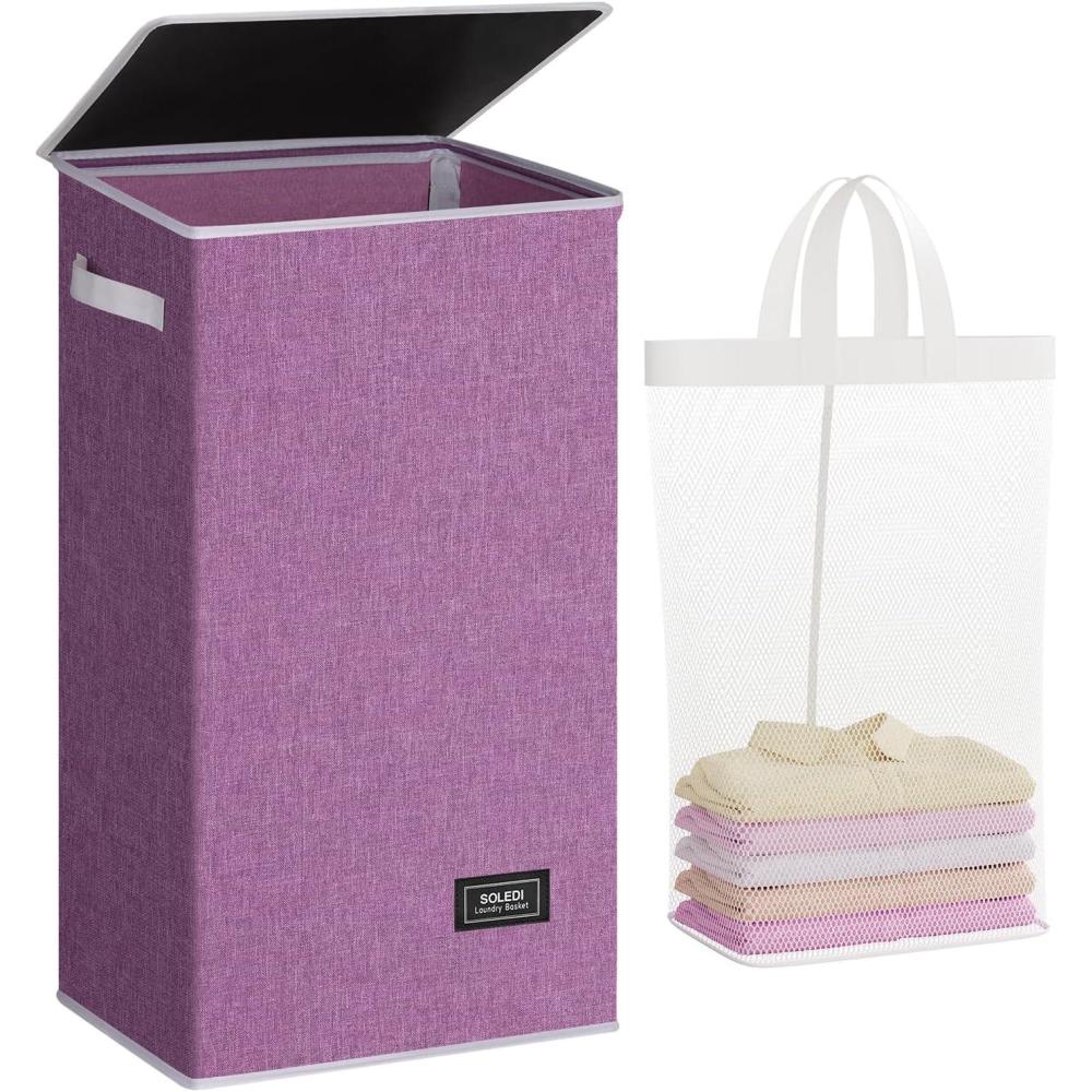 imageSOLEDI Laundry Hamper with Lid 100L Large amp Tall Collapsible Laundry Basket Clothes Hamper with Bag Removable Easy to Carry Dirty Hampers for Bedroom Bathroom Dorm College GreyPurple