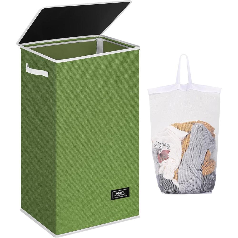 imageSOLEDI Laundry Hamper with Lid 100L Large amp Tall Collapsible Laundry Basket Clothes Hamper with Bag Removable Easy to Carry Dirty Hampers for Bedroom Bathroom Dorm College GreyDark Green