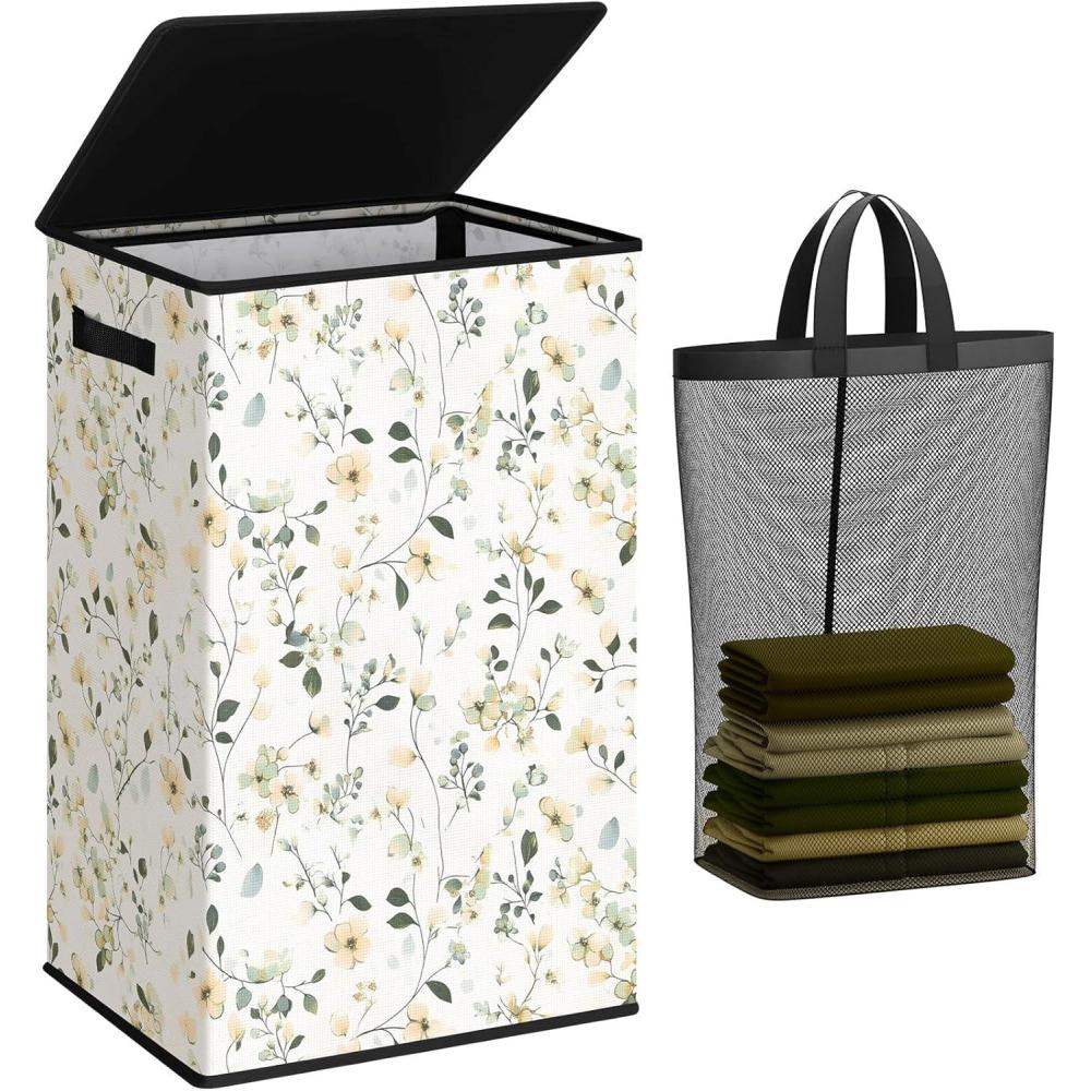 imageSOLEDI Laundry Hamper with Lid 100L Large amp Tall Collapsible Laundry Basket Clothes Hamper with Bag Removable Easy to Carry Dirty Hampers for Bedroom Bathroom Dorm College GreyBeige and flower